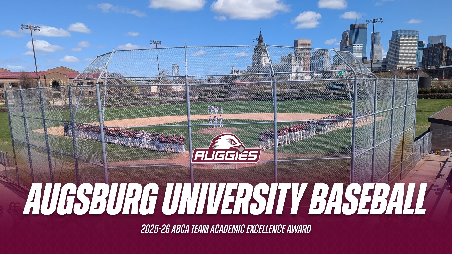 A shot of Parade Stadium before a 2026 Augsburg baseball game. On the photo is the Augsburg baseball logo, and the text: 