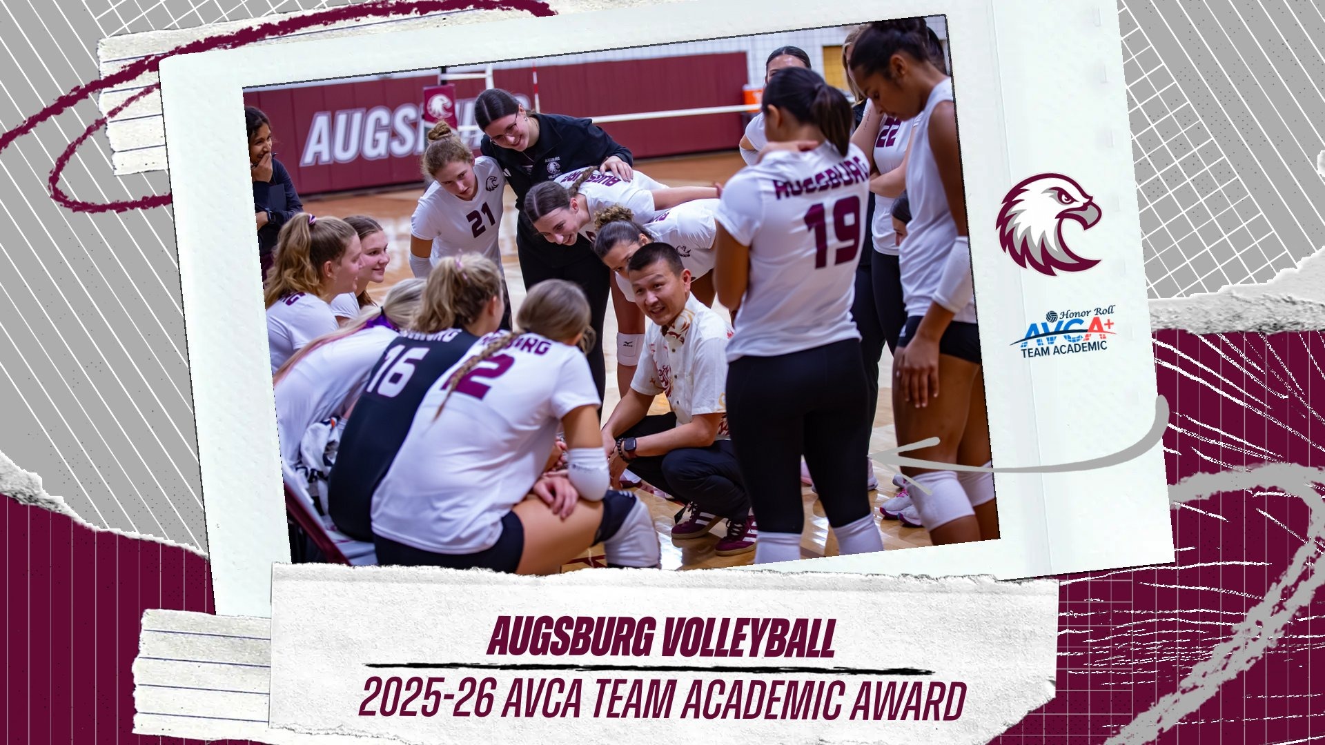 Jay Kam coaches the Augsburg volleyball team during a 2025 match. On the graphic are the Augsburg eagle and AVCA Team Academic Award logo, and the text: 