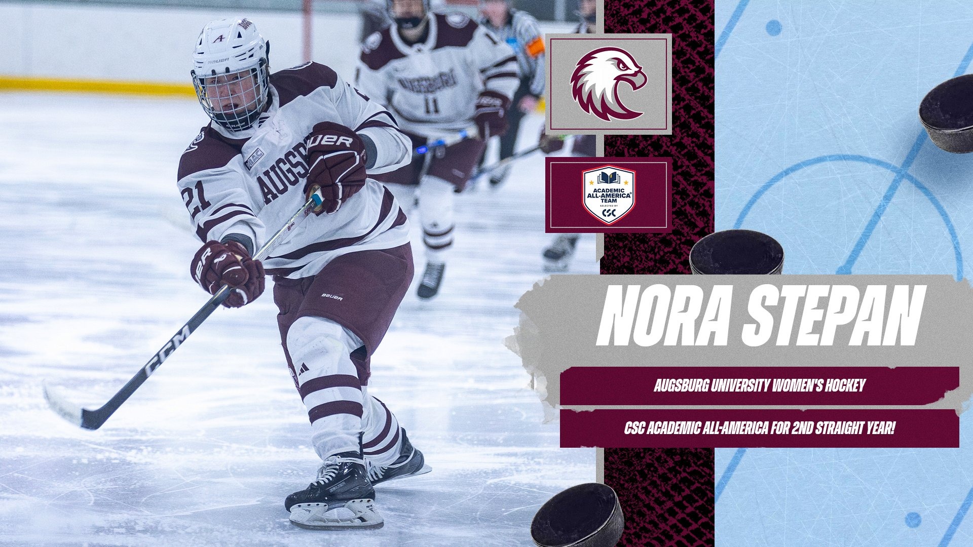 An image of Nora Stepan taking a shot during an Augsburg women's hockey game. On the image are the Augsburg eagle and CSC Academic All-America logos, and the text: 