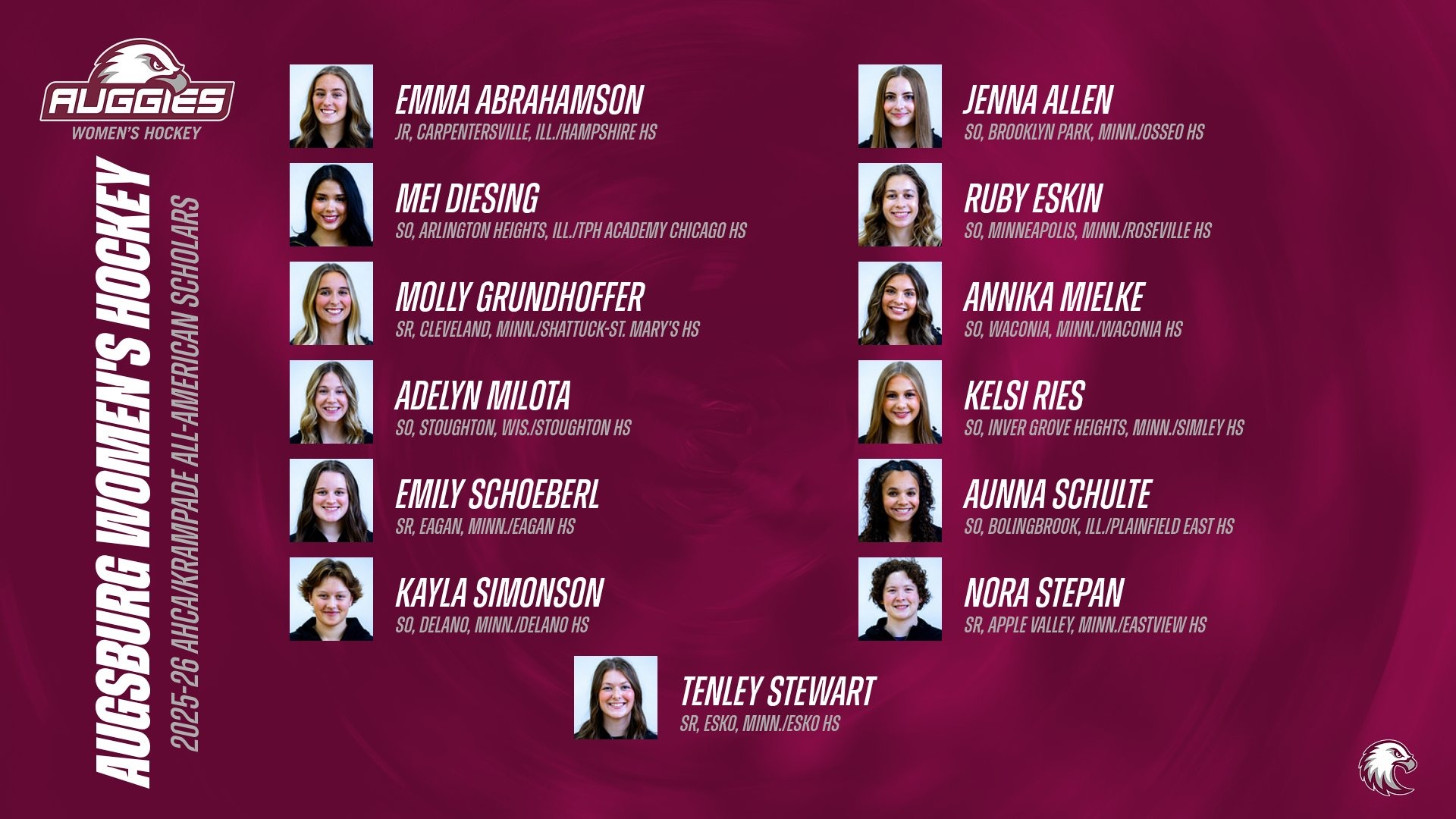 Mugshots of Augsburg women's hockey players Emma Abrahamson, Jenna Allen, Mei Diesing, Ruby Eskin, Molly Grundhoffer, Annika Mielke, Adelyn Milota, Kelsi Ries, Emily Schoeberl, Aunna Schulte, Kayla Simonson, Nora Stepan and Tenley Stewart. On the graphic are the Augsburg eagle and Augsburg women's hockey, the text: 