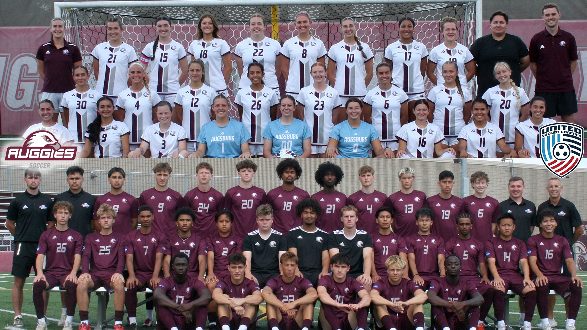 2025 Augsburg women's and men's team photos, with the Augsburg soccer and United Soccer Coaches logo.