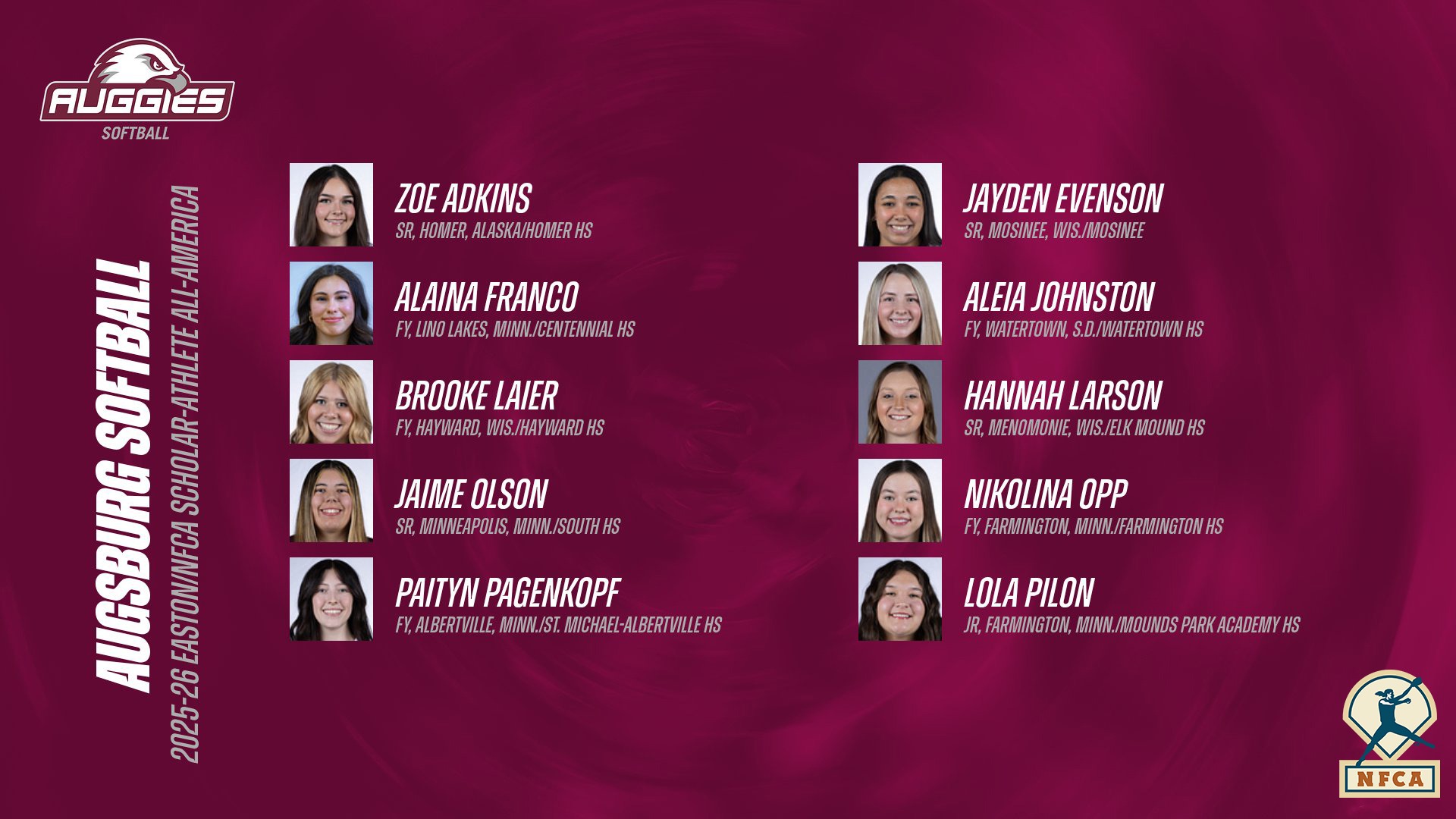 Mugshots of Zoe Adkins, Jayden Evenson, Alaina Franco, Aleia Johnston, Brooke Laier, Hannah Larson, Jaime Olson, Nikolina Opp, Paityn Pagenkopf and Lola Pilon. On the image are the Augsburg softball and NFCA logos, and the text: 