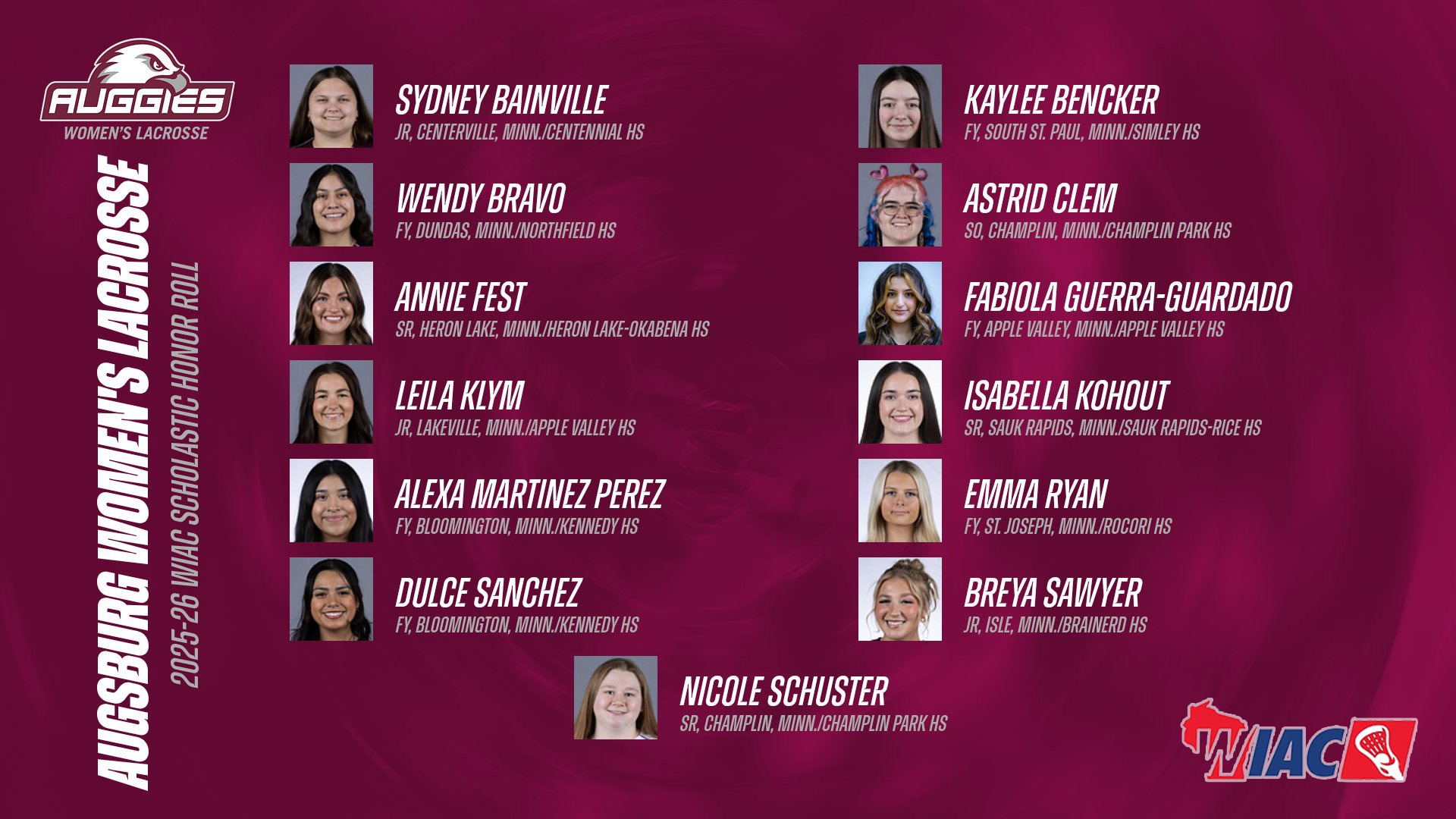 Mugshots of Sydney Bainville, Kaylee Bencker, Wendy Bravo, Astrid Clem, Annie Fest, Fabiola Guerra-Guardado, Leila Klym, Isabella Kohout, Alexa Martinez Perez, Emma Ryan, Dulce Sanchez, Breya Sawyer and Nicole Schuster. On the image are the Augsburg women's lacrosse and WIAC lacrosse logos, and the text: 
