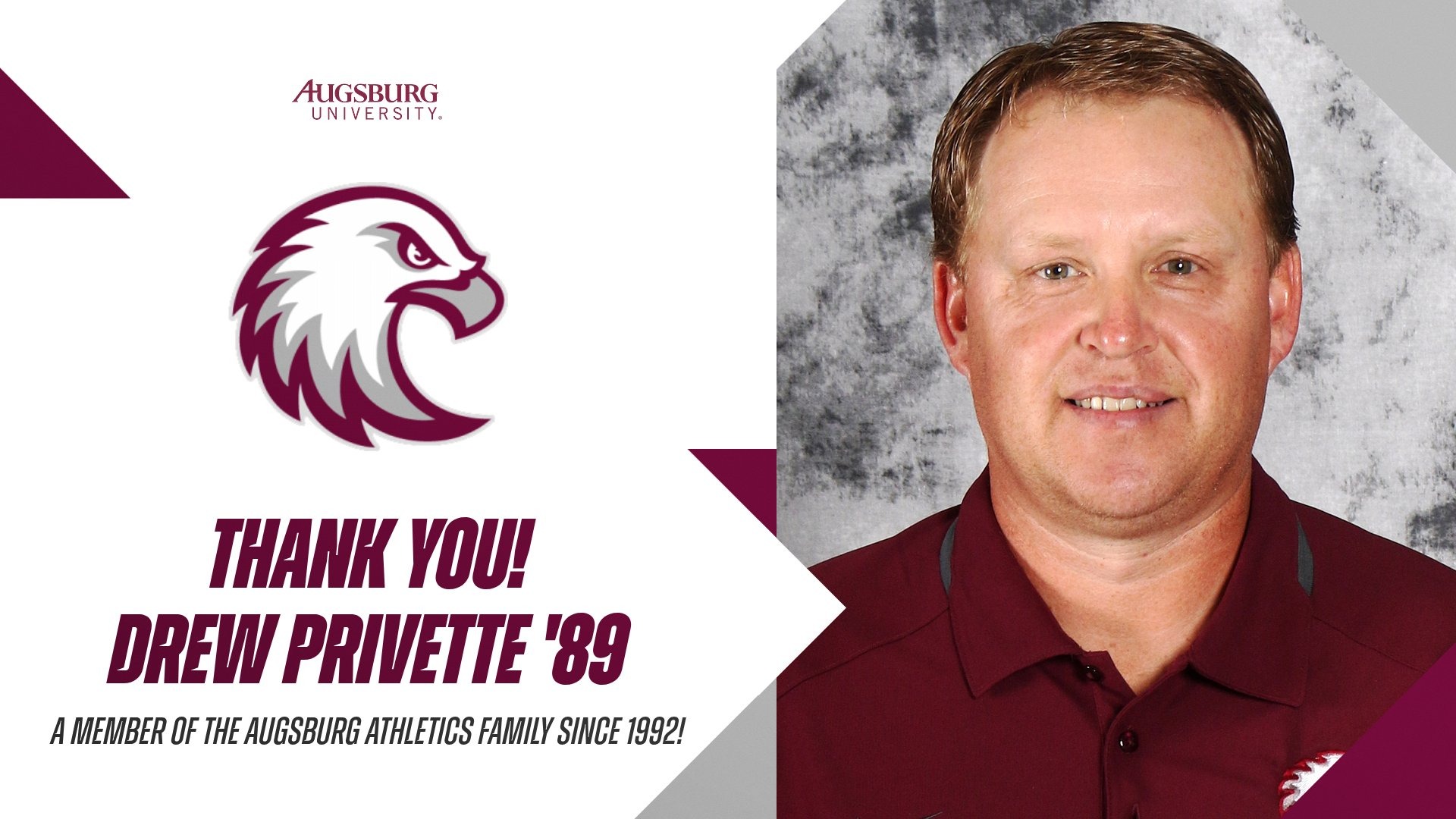 Headshot of Drew Privette. On the image are the Augsburg Eagle and Augsburg University logos, and the text: 
