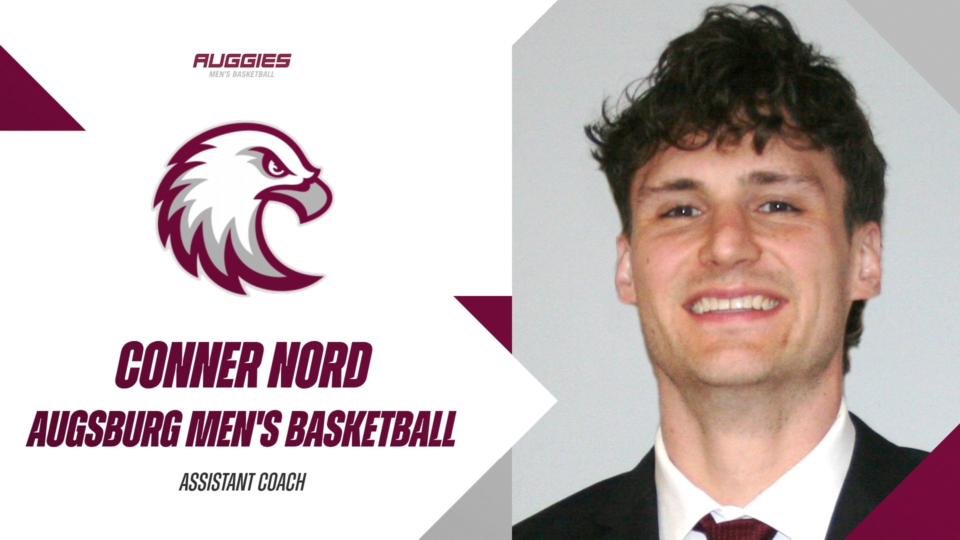 Mugshot of Conner Nord. On the image are the Augsburg Eagle and men's basketball logos, and the text: 