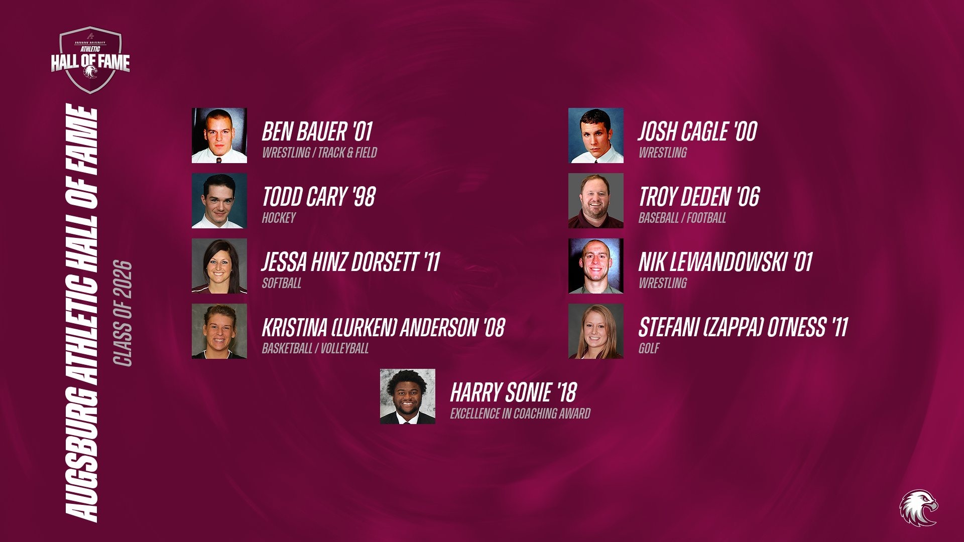 Mugshots of nine individuals receiving 2026 Augsburg Athletic Hall of Fame honors, with the Augsburg eagle and Hall of Fame logos superimposed.