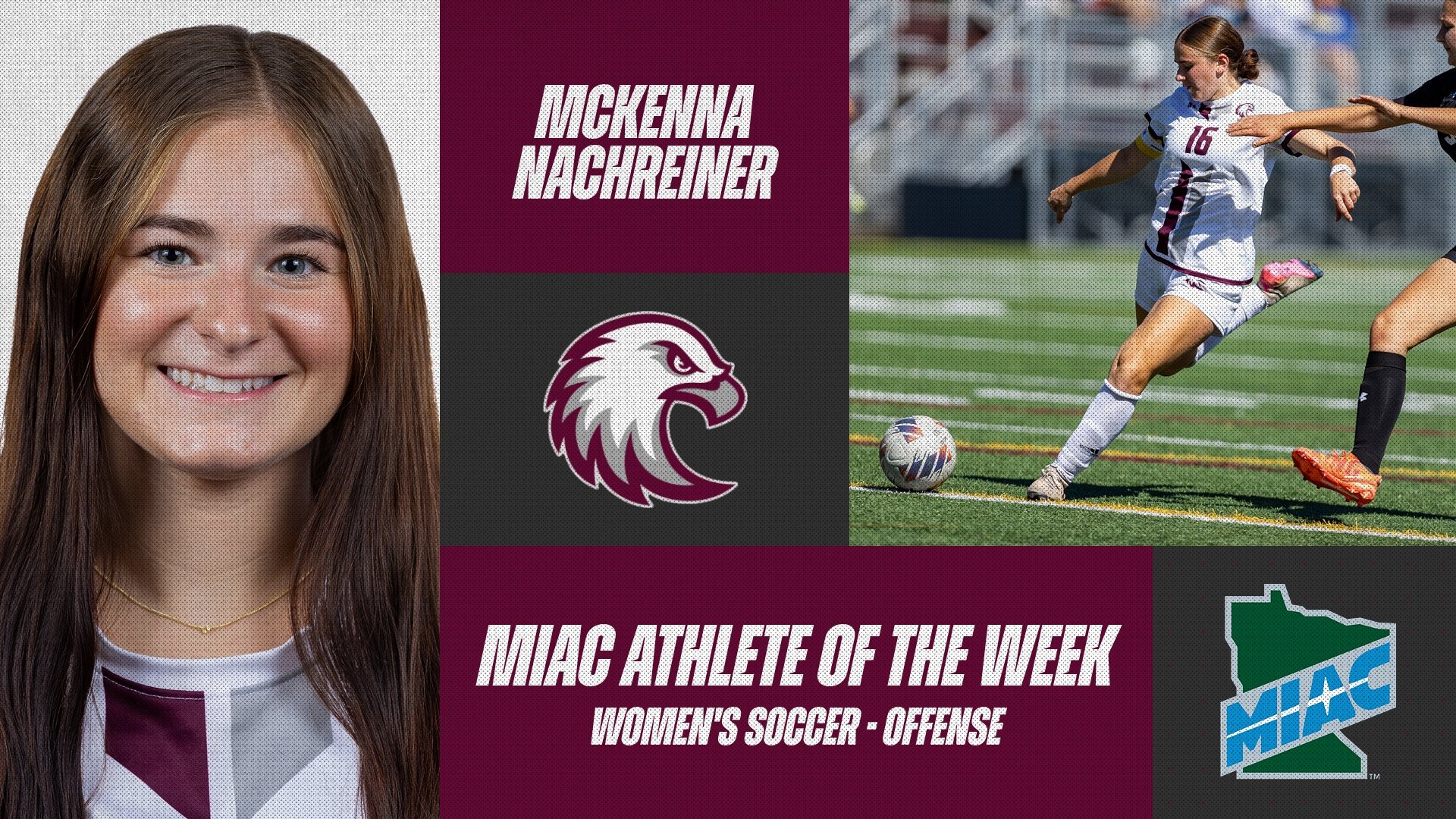 Head shot and action photo of McKenna Nachreiner. Superimposed on the photos are the Augsburg and MIAC logos, and the text 