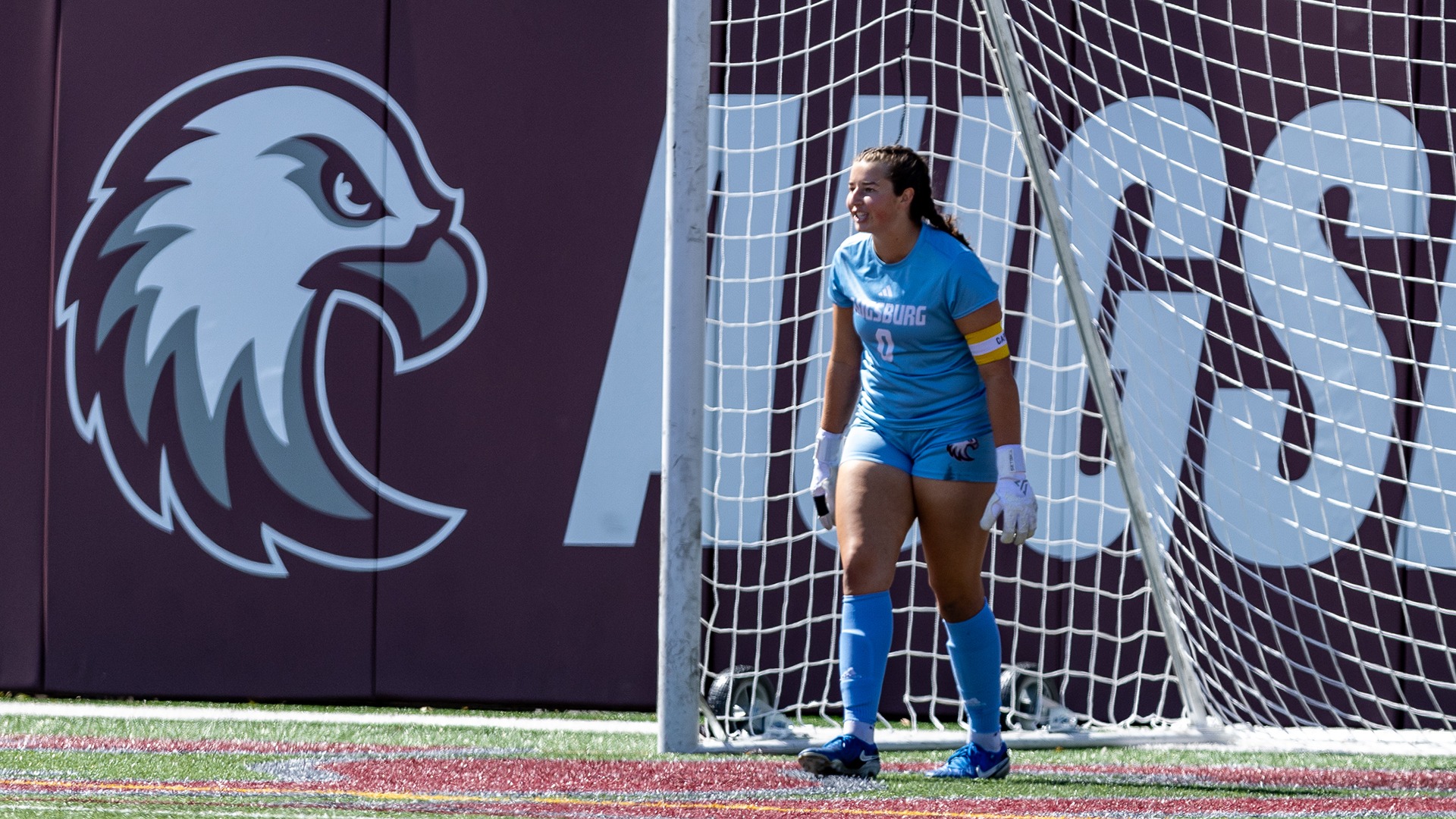 Claire Smothers surveys the action during a 2026 Augsburg women's soccer game.