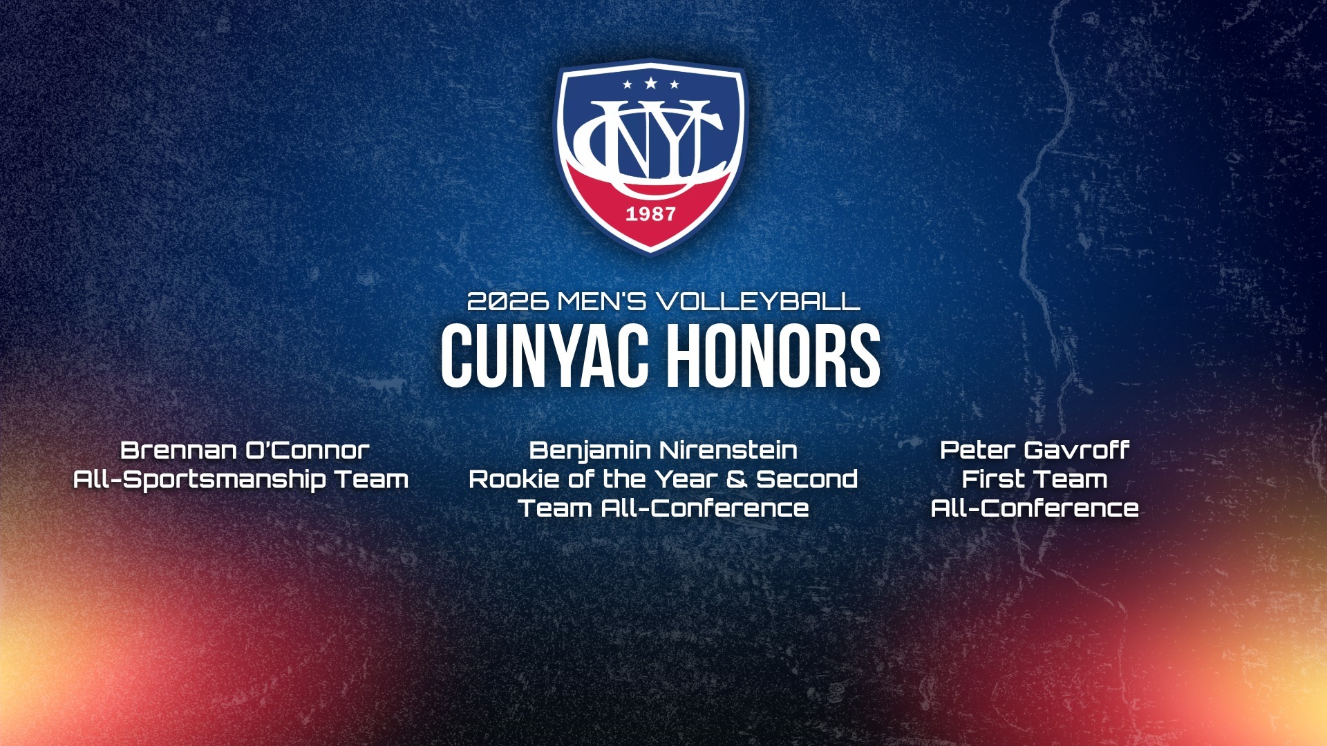 2026 CUNYAC Men's Volleyball Award Winners: Peter Gavroff (CUNYAC 1st Team All-Conference), Benjamin Nirenstein (CUNYAC 2nd Team All-Conference & Rookie of the Year), Brennan O'Connor (All-Sportsmanship Team).