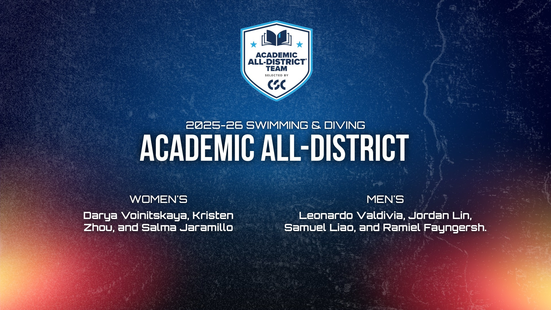 Seven Baruch Swimmers are named to the 2025-26 College Sports Communicators All-District Team. The swimmers are Darya Voinitskaya, Kristen Zhou, Salma Jaramillo, Leonardo  Valdivia, Jordan Lin, Samuel Liao, and Ramiel Fayngersh.