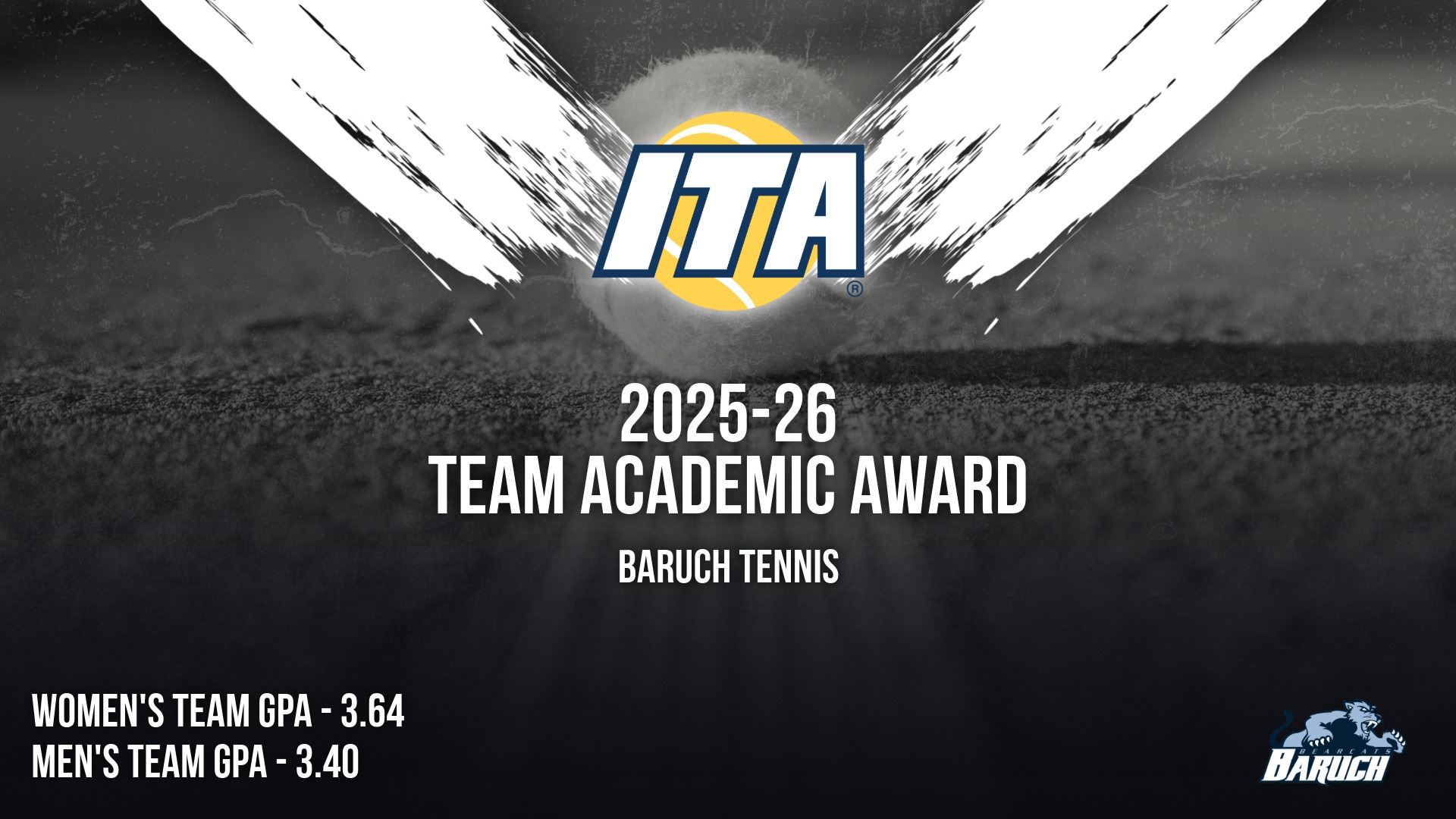 2025-26 ITA Tennis Academic Summer Awards; Women's GPA 3.64; Men's GPA 3.40 