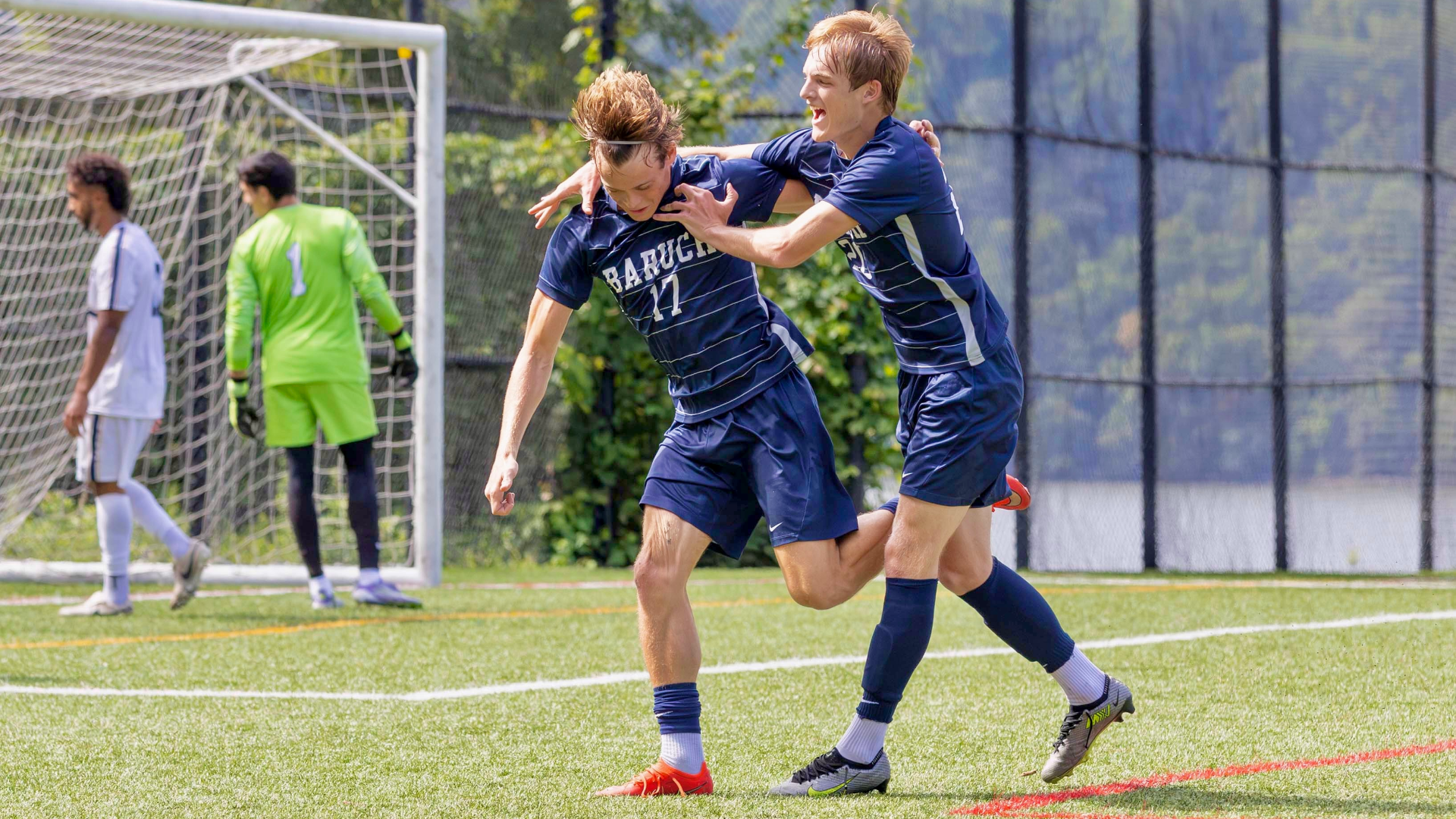 Andreas Kotronis scores the winning goal against Mount Saint Vincent. 