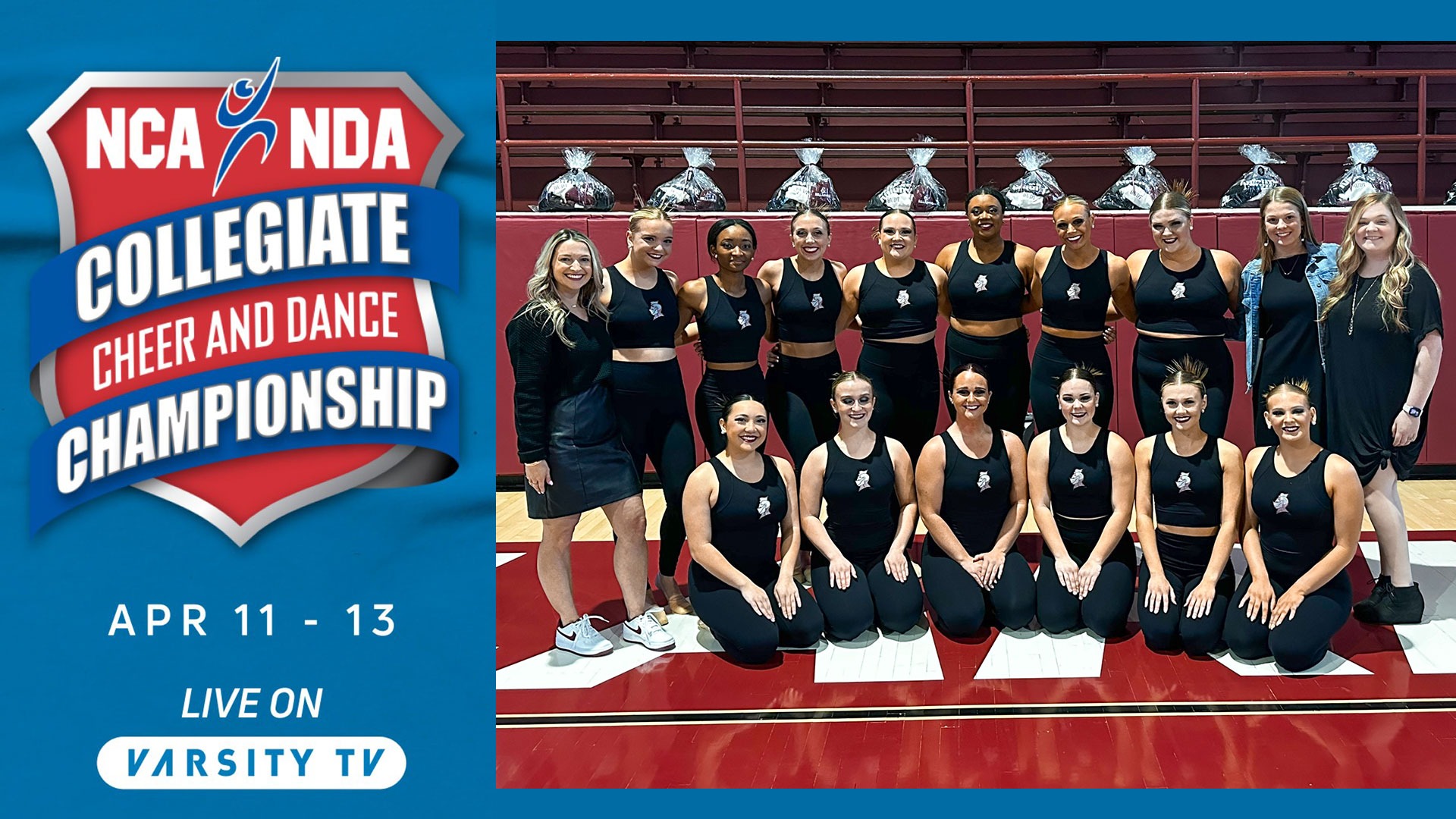 Posed photo of the danceteam, includes graphic for NCA/NDA College Nationals