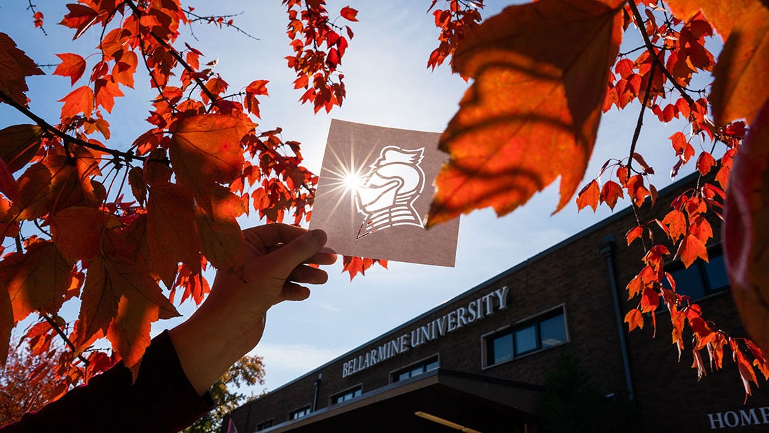 Knights Hall with hand holding cutout logo