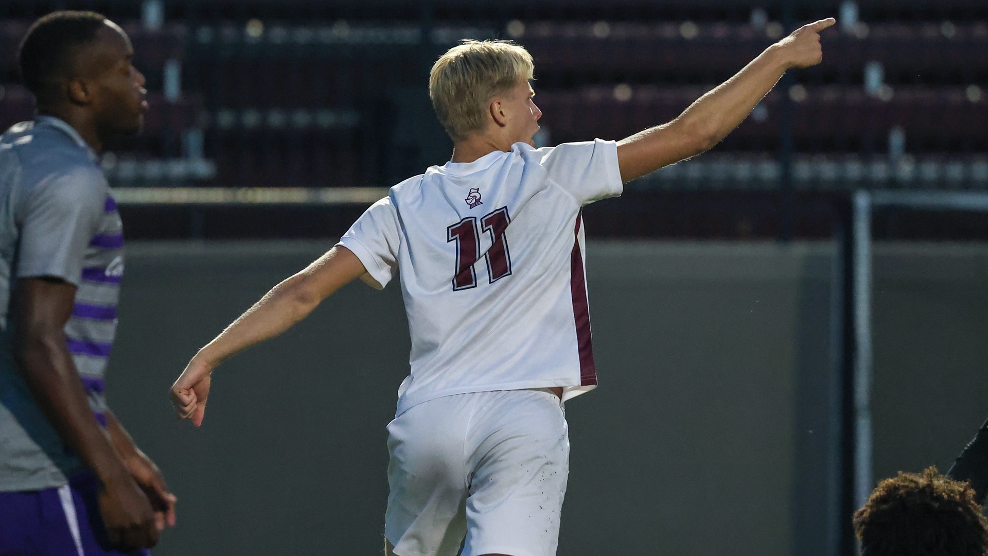 Johan Nissen-Lie celebrates a goal against Central Arkansas.