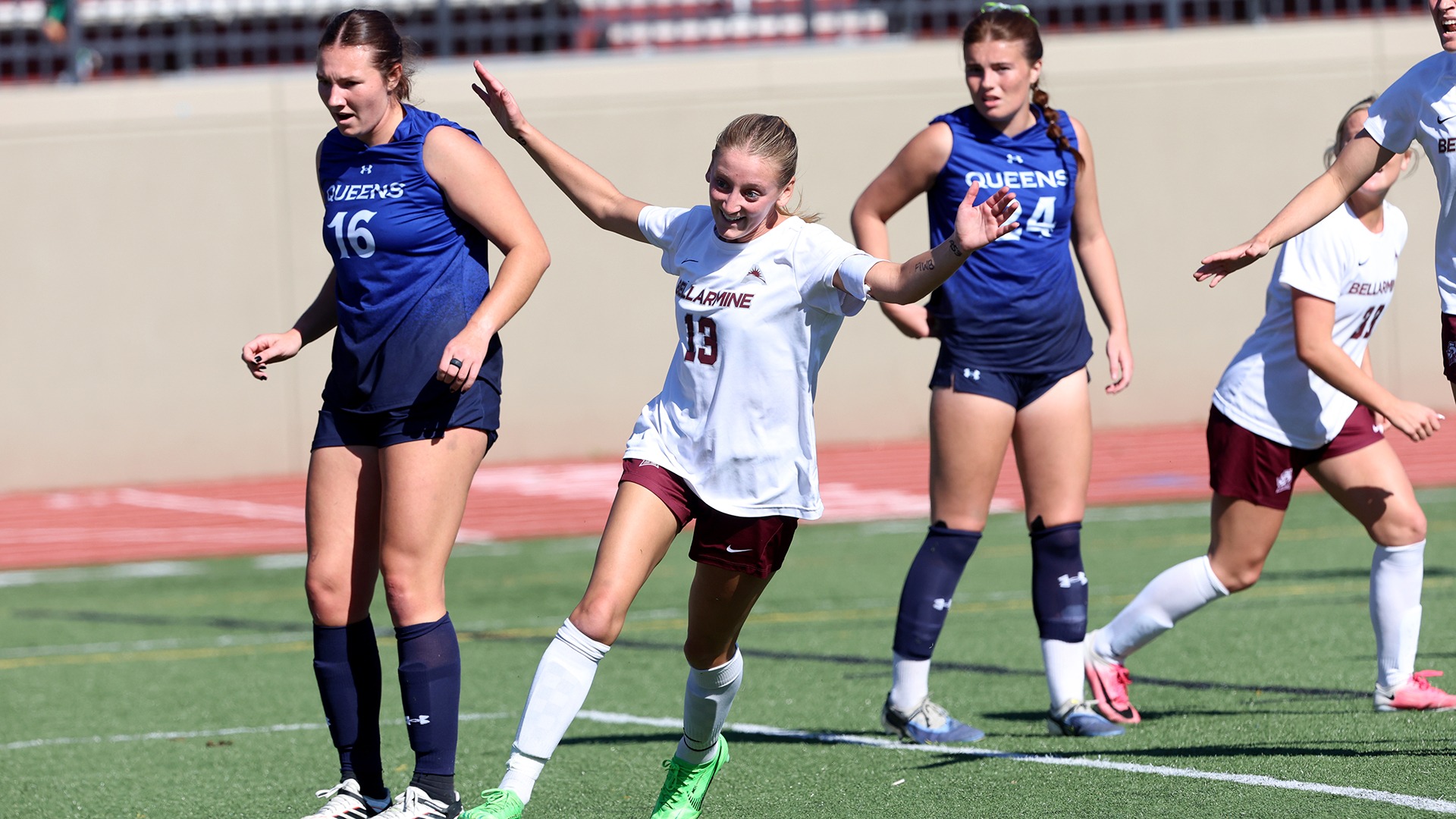 Brynn Severance celebrates a goal scored against Queens.