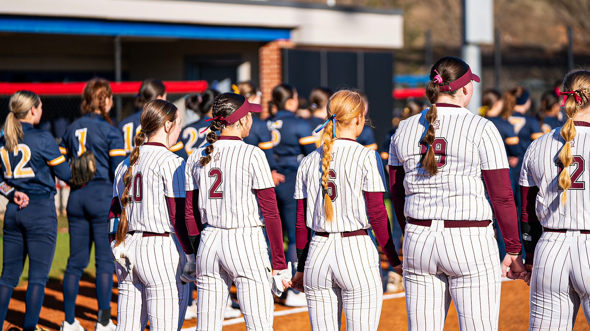 Jacklyn Zuege, Lauren Guthrie, Tia Ice and Peyton Arnold lined up during the National Anthem at UWG