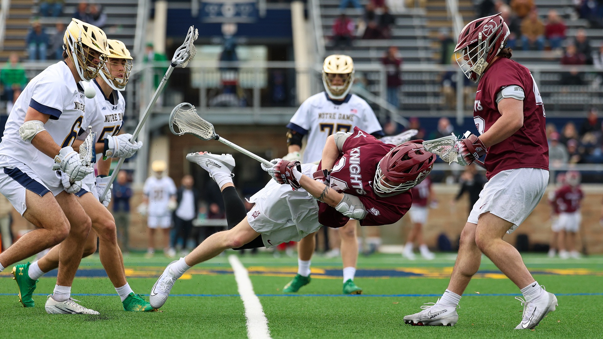 Bellarmine takes a shot attempt at Notre Dame.