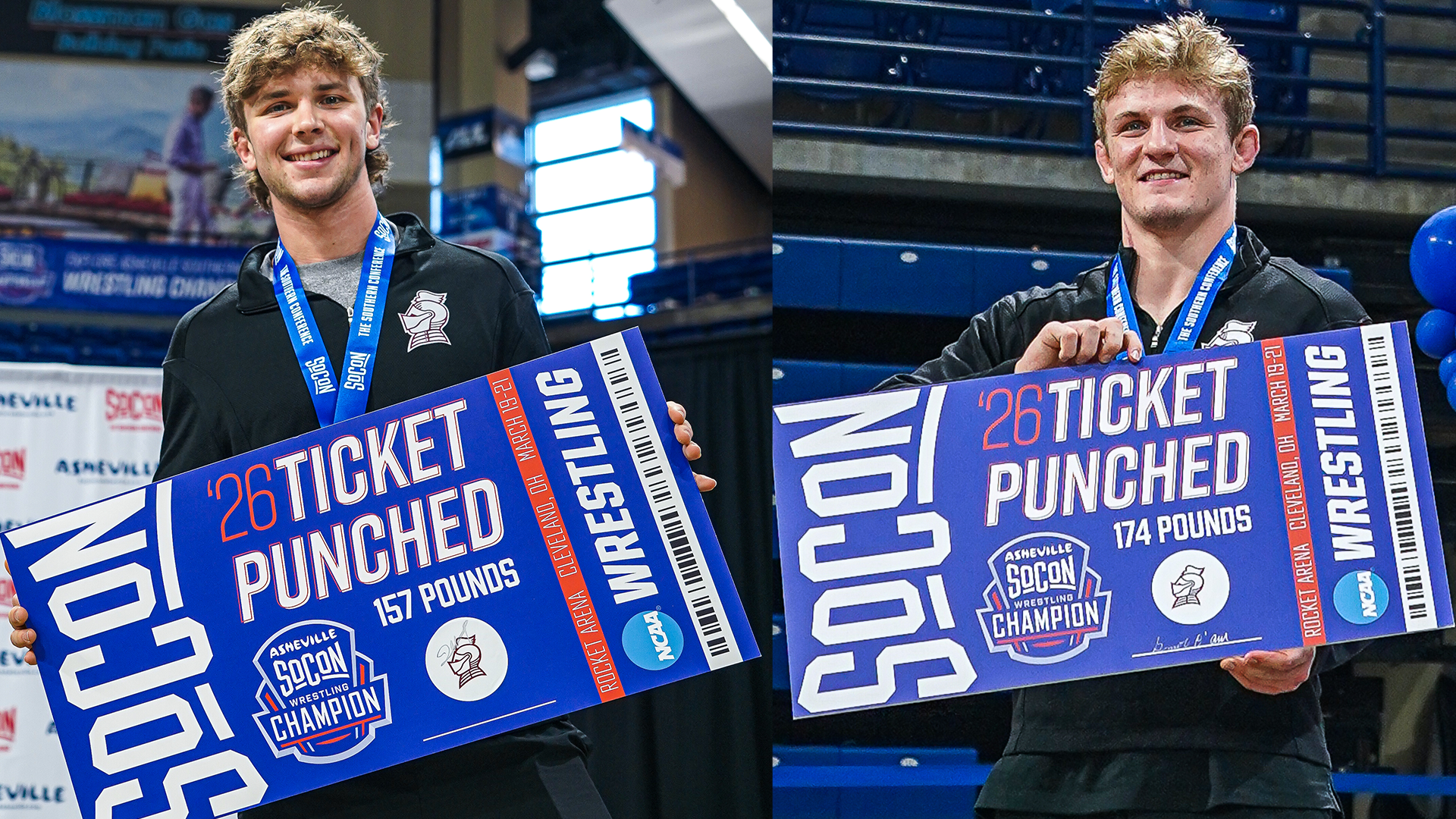 Jeb Prechtel and Grant O'Dell with their tickets to NCAA National Championships