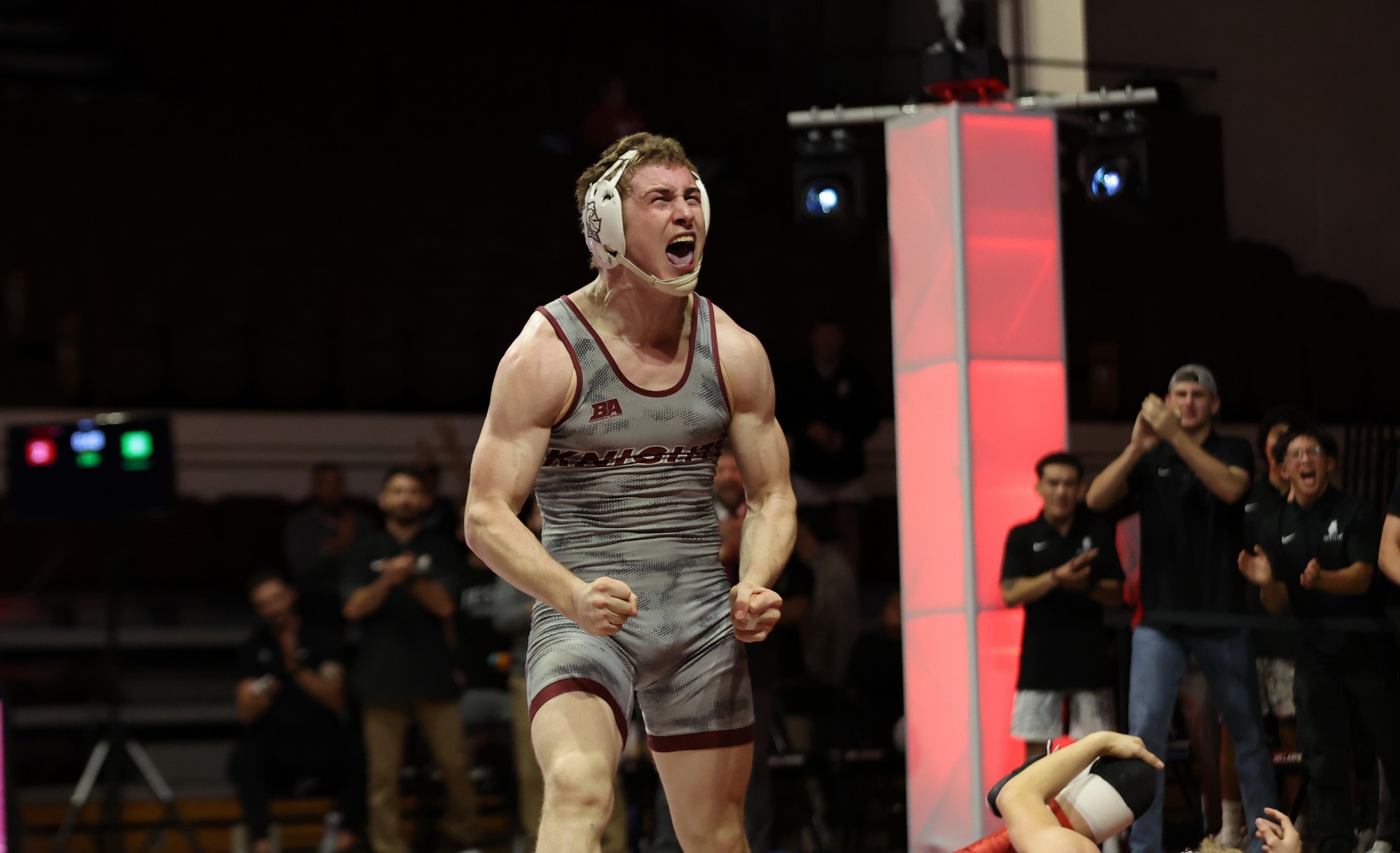 Noah Hall celebrates his first career win in Knights Hall