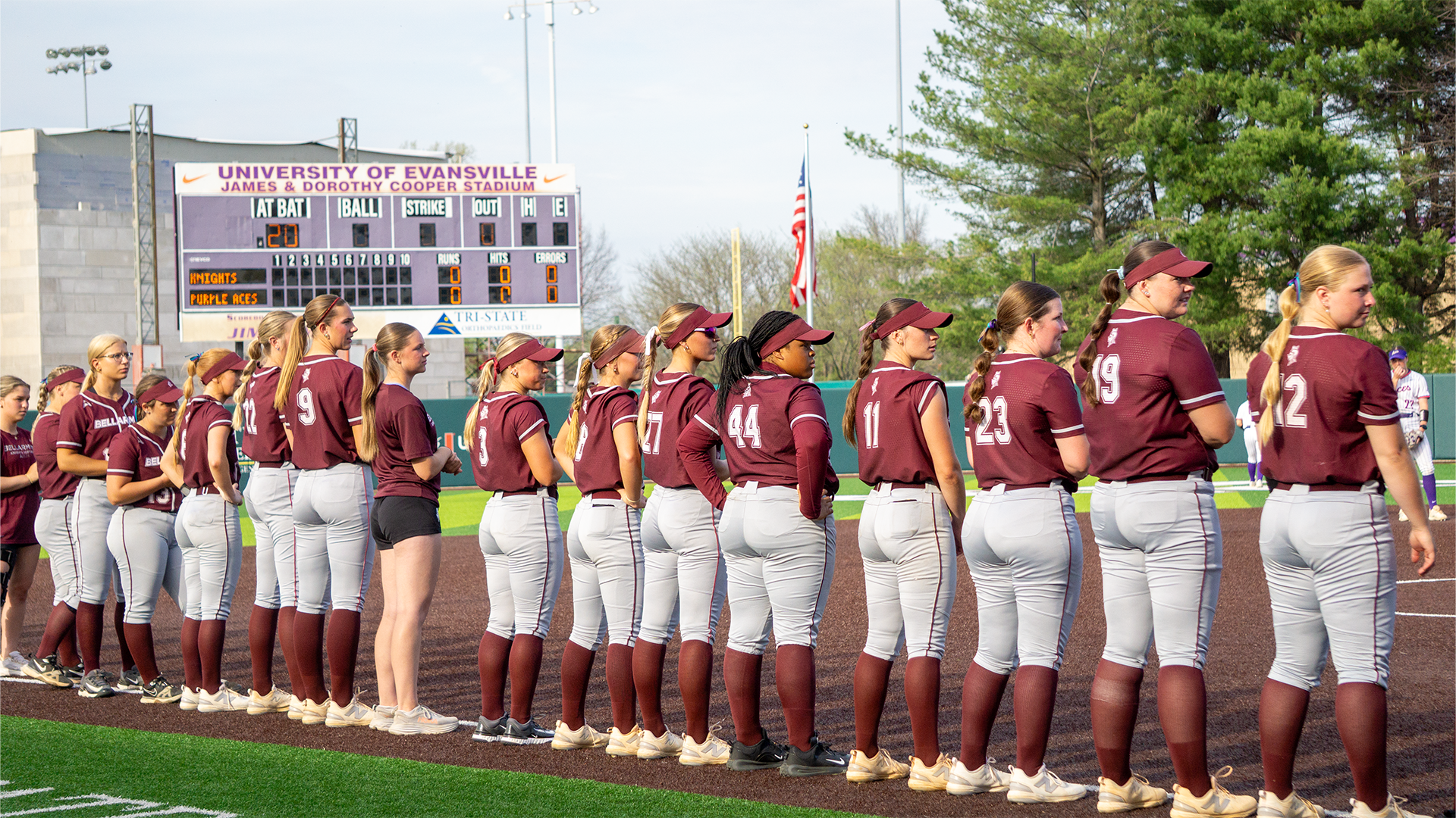 Softball team during the National Anthem at Evansville