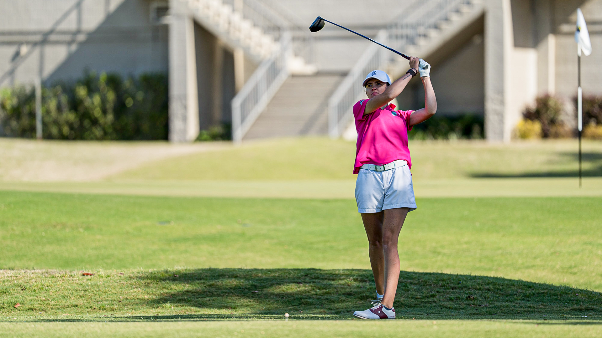 Piper Davis holds her follow through on a tee box at the ASUN Conference Championship