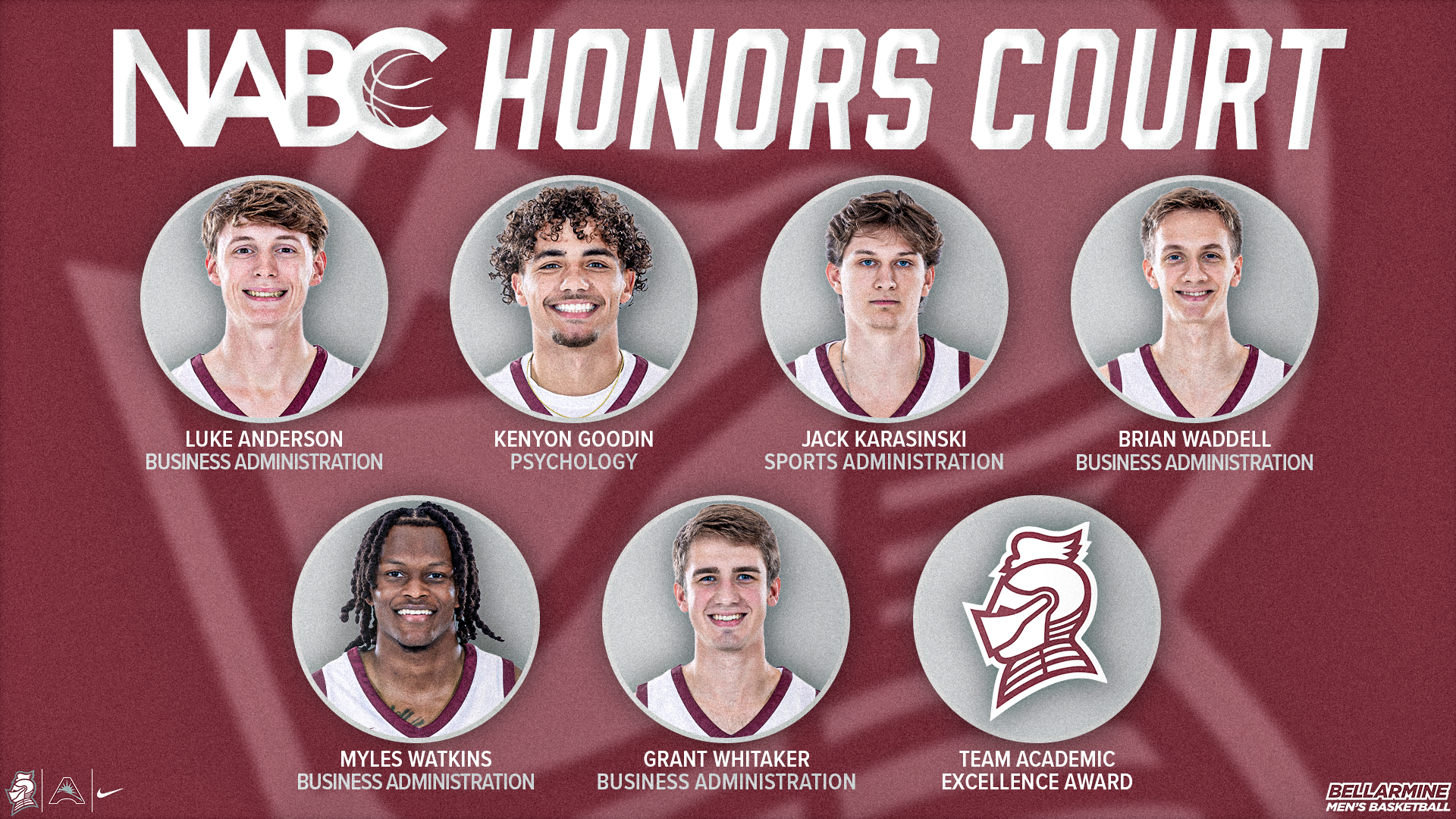 Luke Anderson, Kenyon Goodin, Jack Karasinski, Brian Waddell, Myles Watkins and Grant Whitaker earn NABC Honors Court recognition
