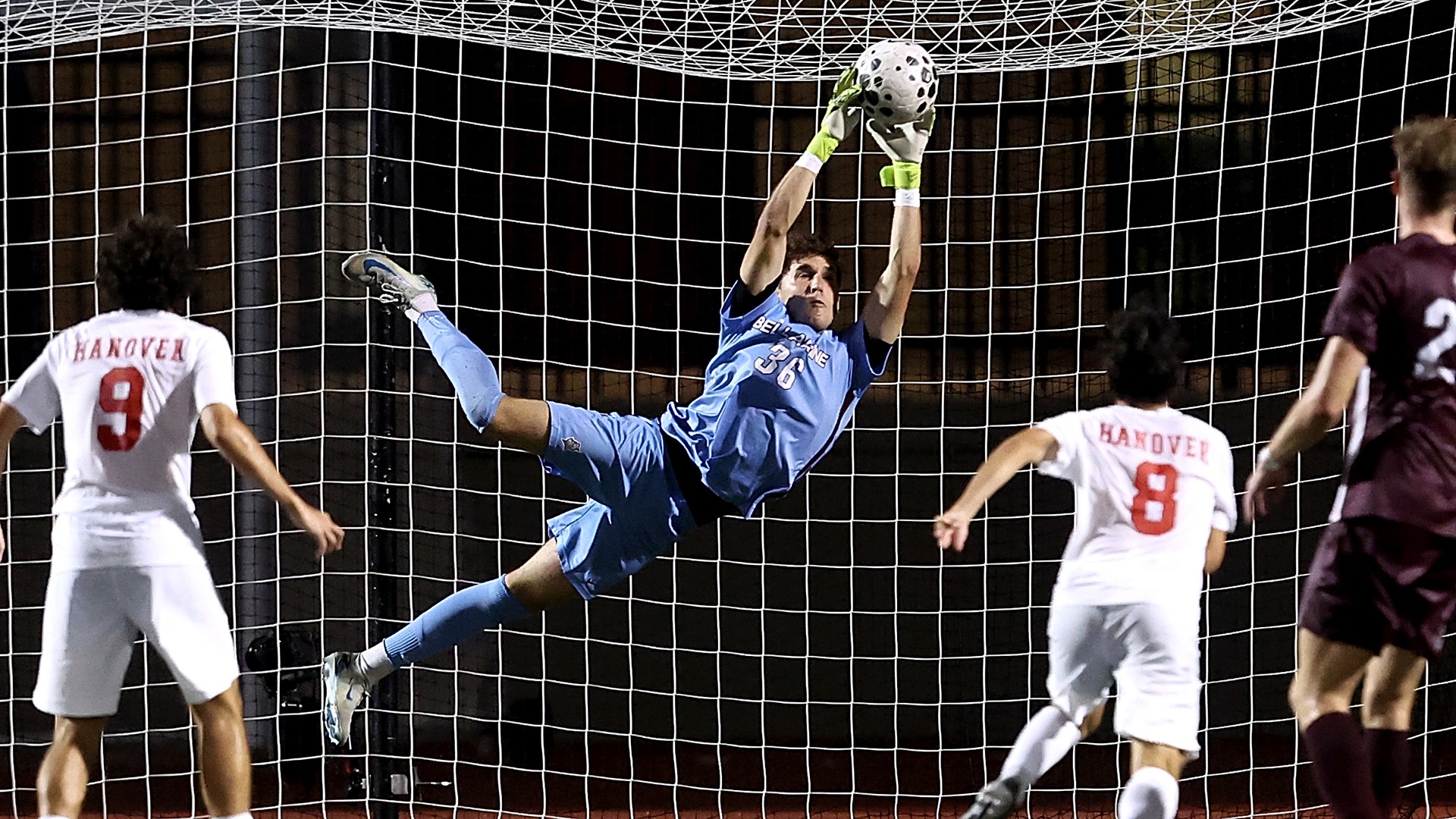 Benny Howard lays out to make a save against Hanover.