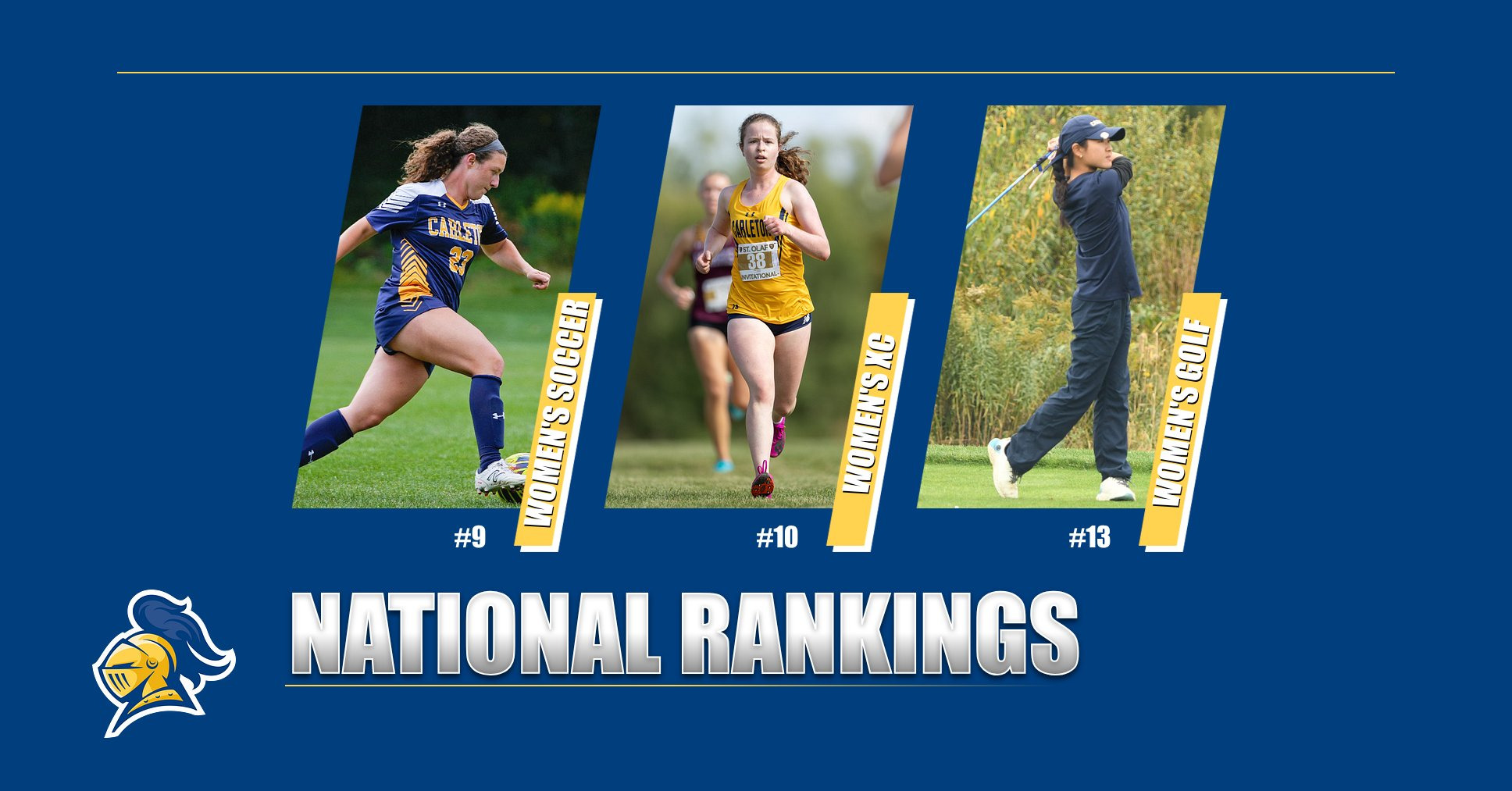 photos of Carleton soccer, cross country, and golf athletes. Text reads, 