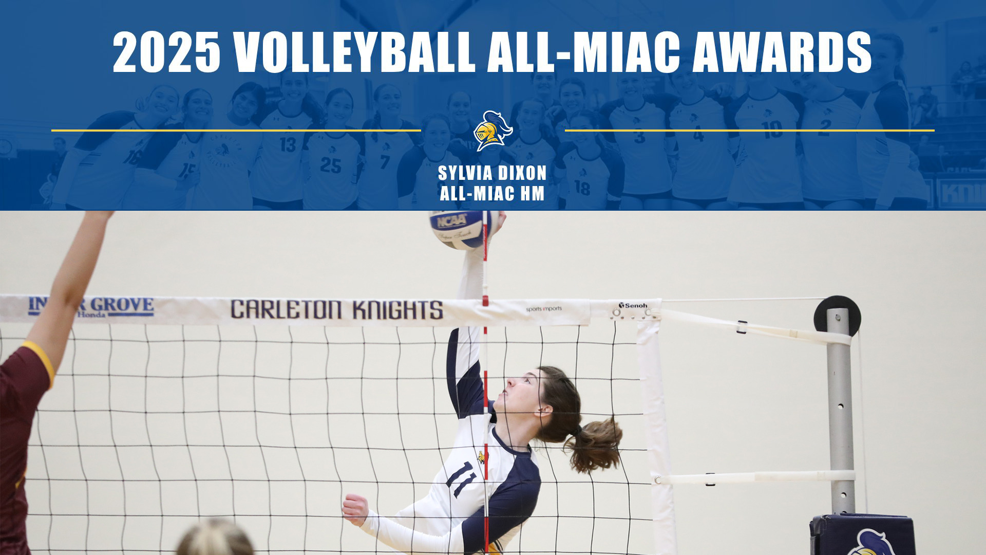 Sylvia Dixon goes up for an attack; text reads, 