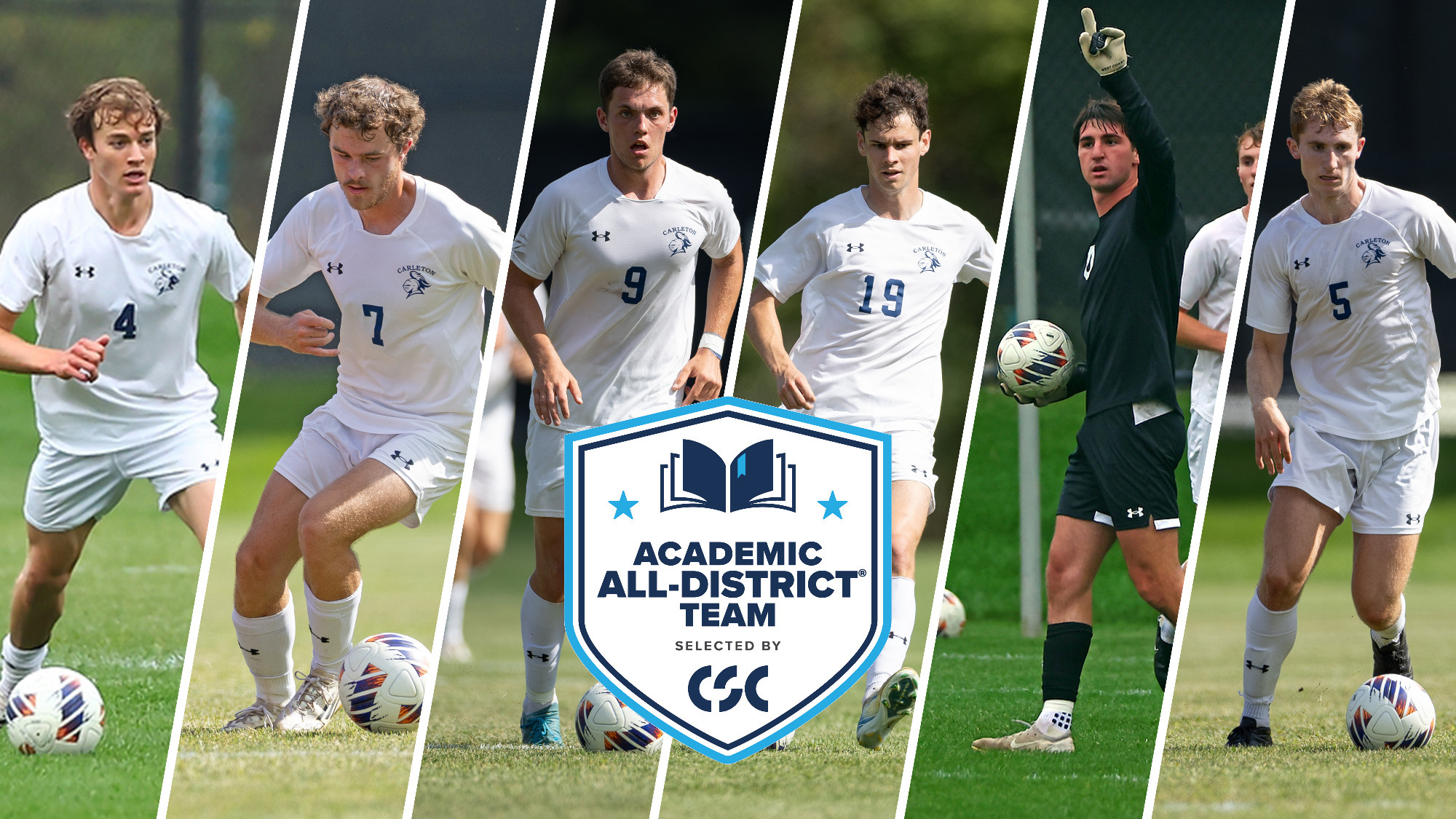 Action photos of Alexander Grosse, Jonathan Vonderlage, Ben Pennell, Hays Turner, Leo Kugel, and Josh Zebrack overlaid with CSC Academic All-District logo