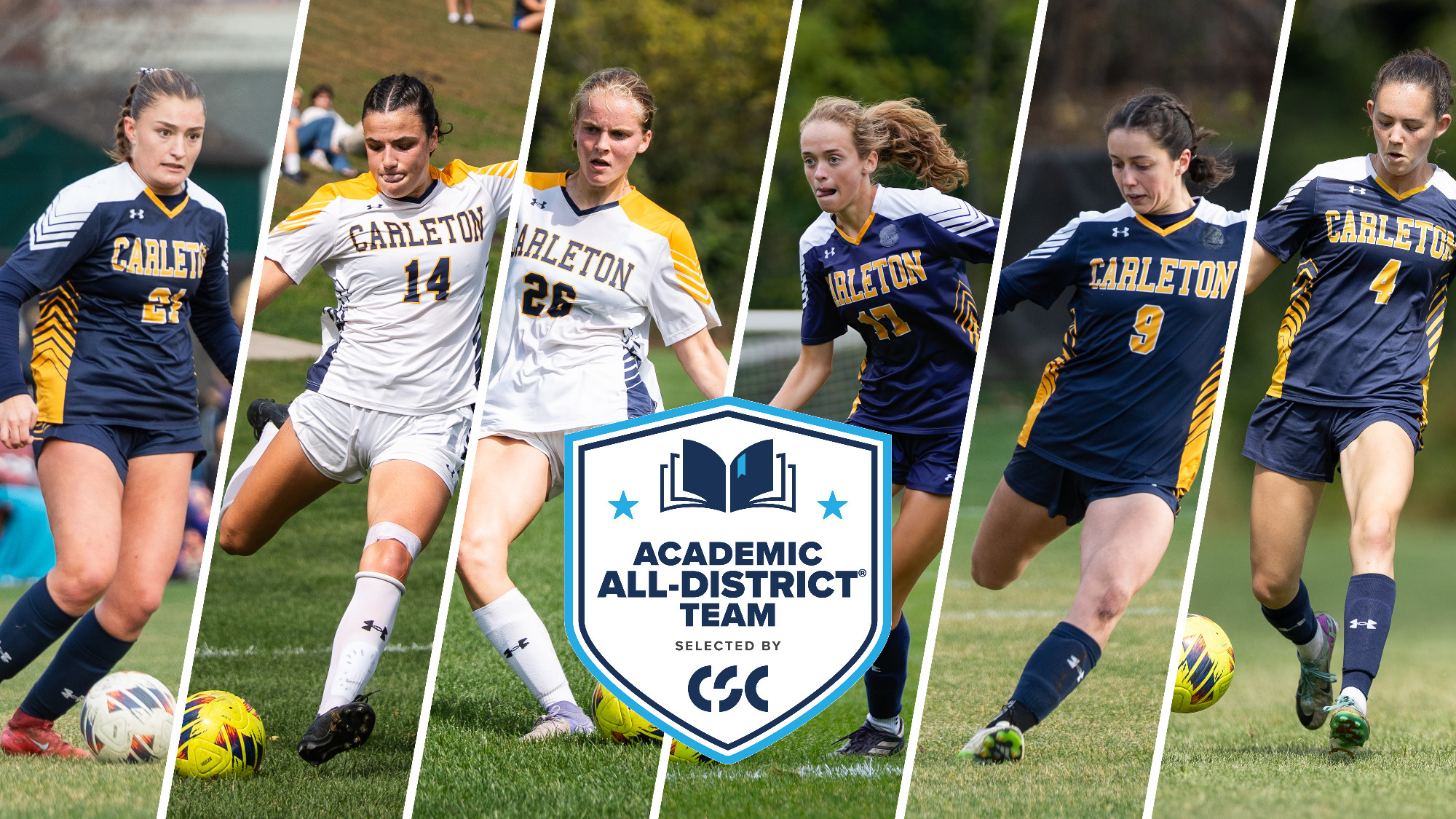 Action photos of Ashlyn Haigh, Kathryn Kresse, Claire Burbery, Lola Feurer, Maya Lacey, and Lily Shure overlaid with CSC Academic All-District logo