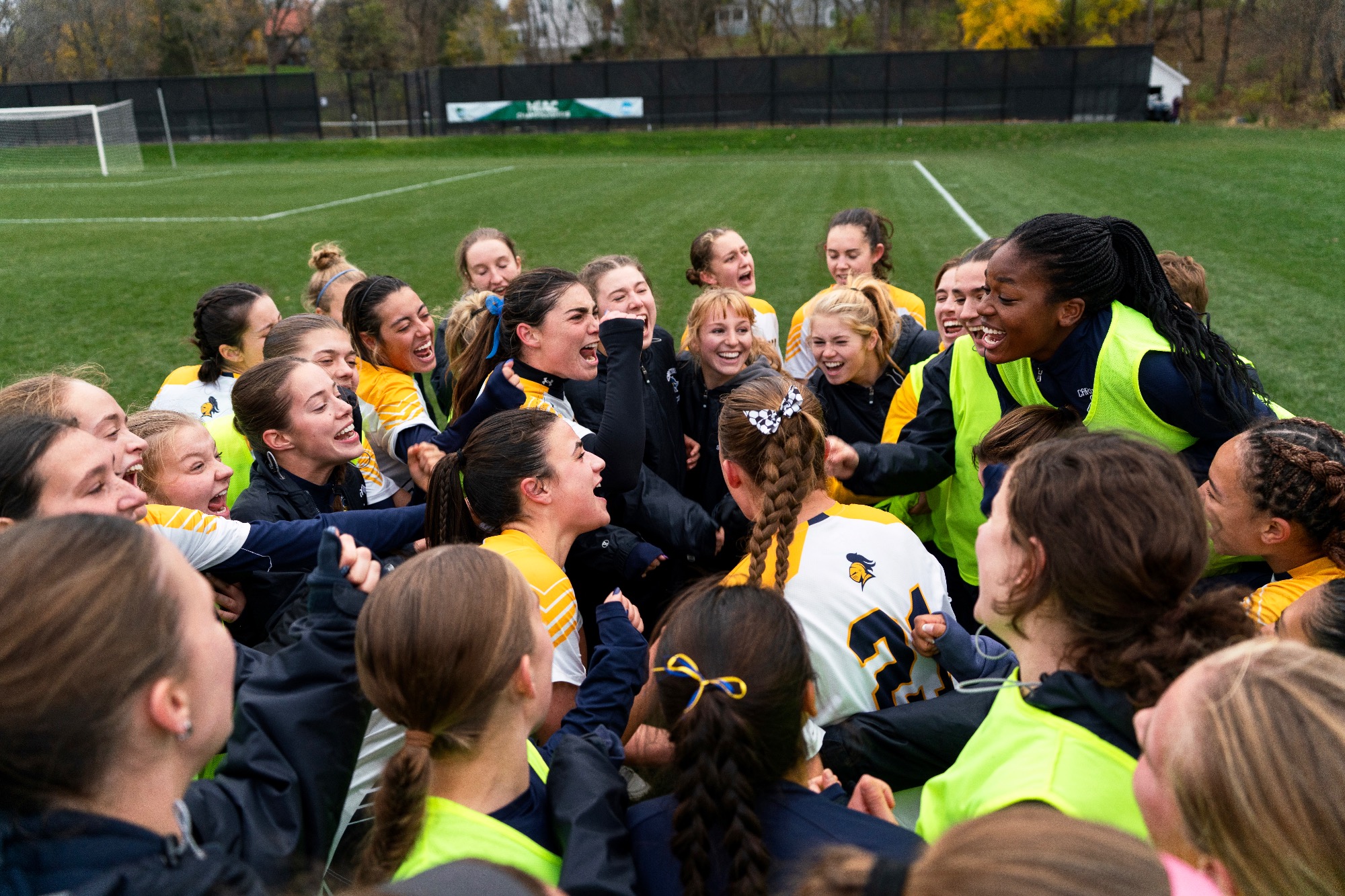 Team huddle after the win