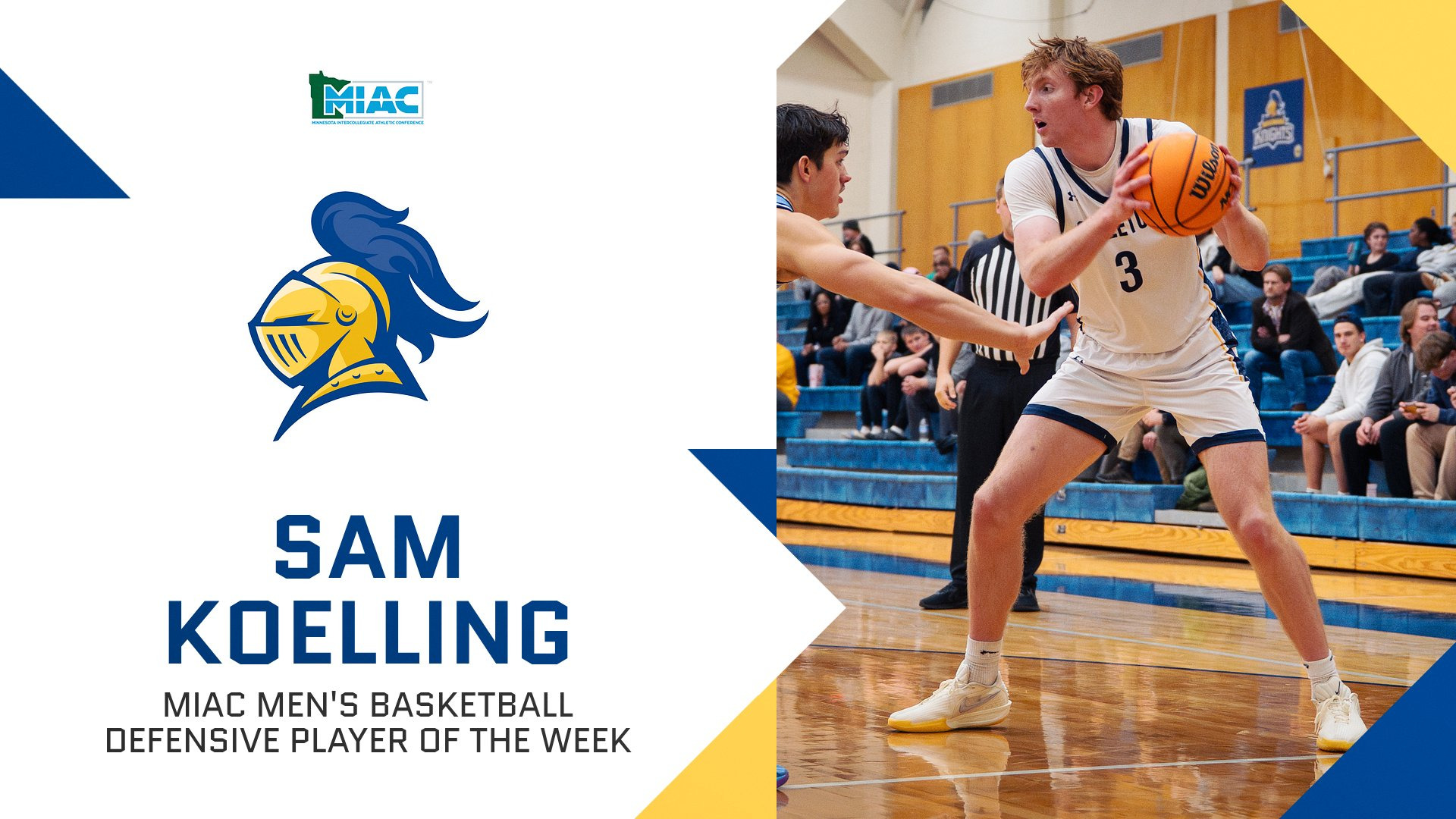 Sam Koelling holding the ball while guarded by a defender. Text reads, 