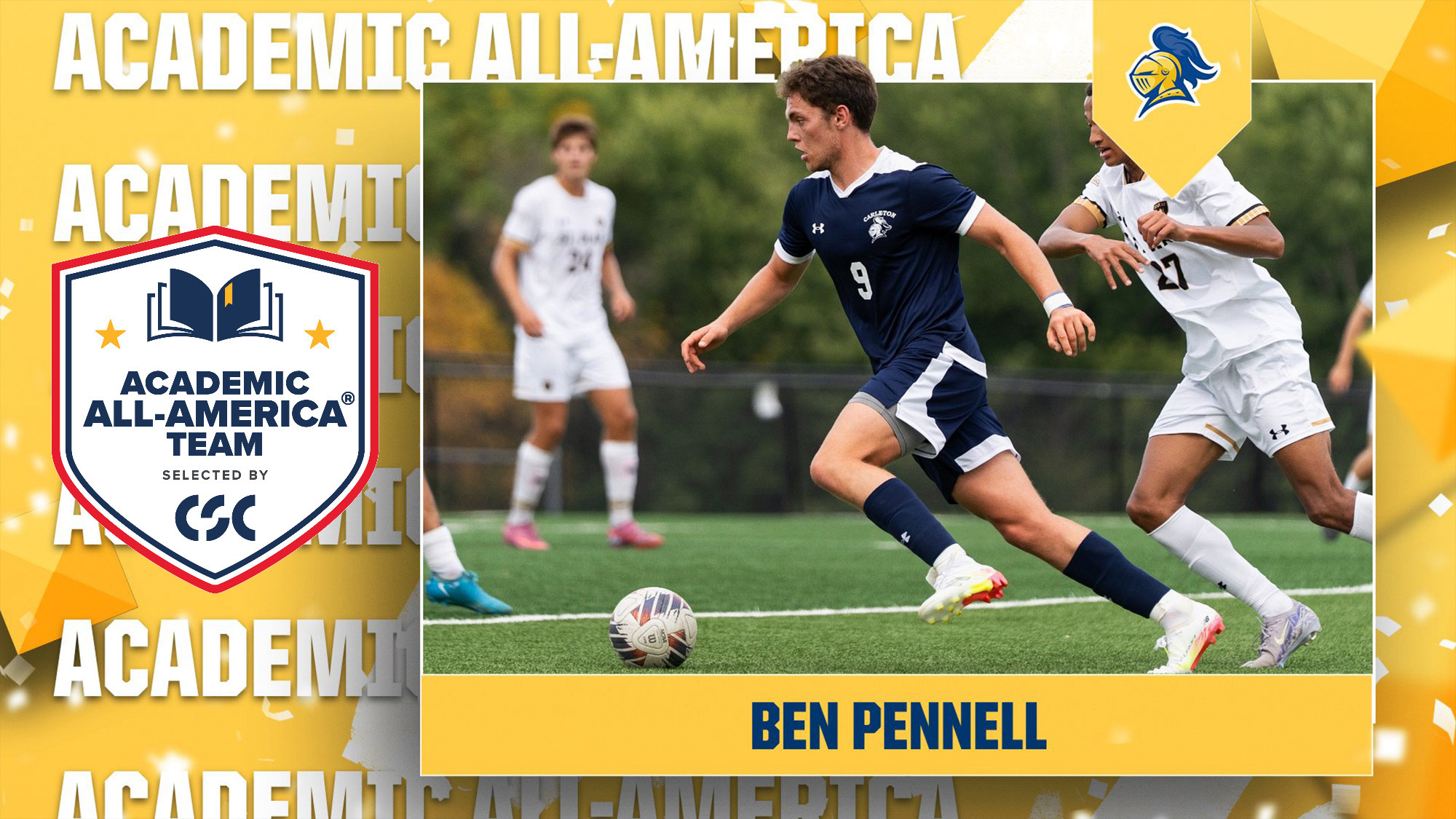 Ben Pennell dribbling the ball. Text reads, 