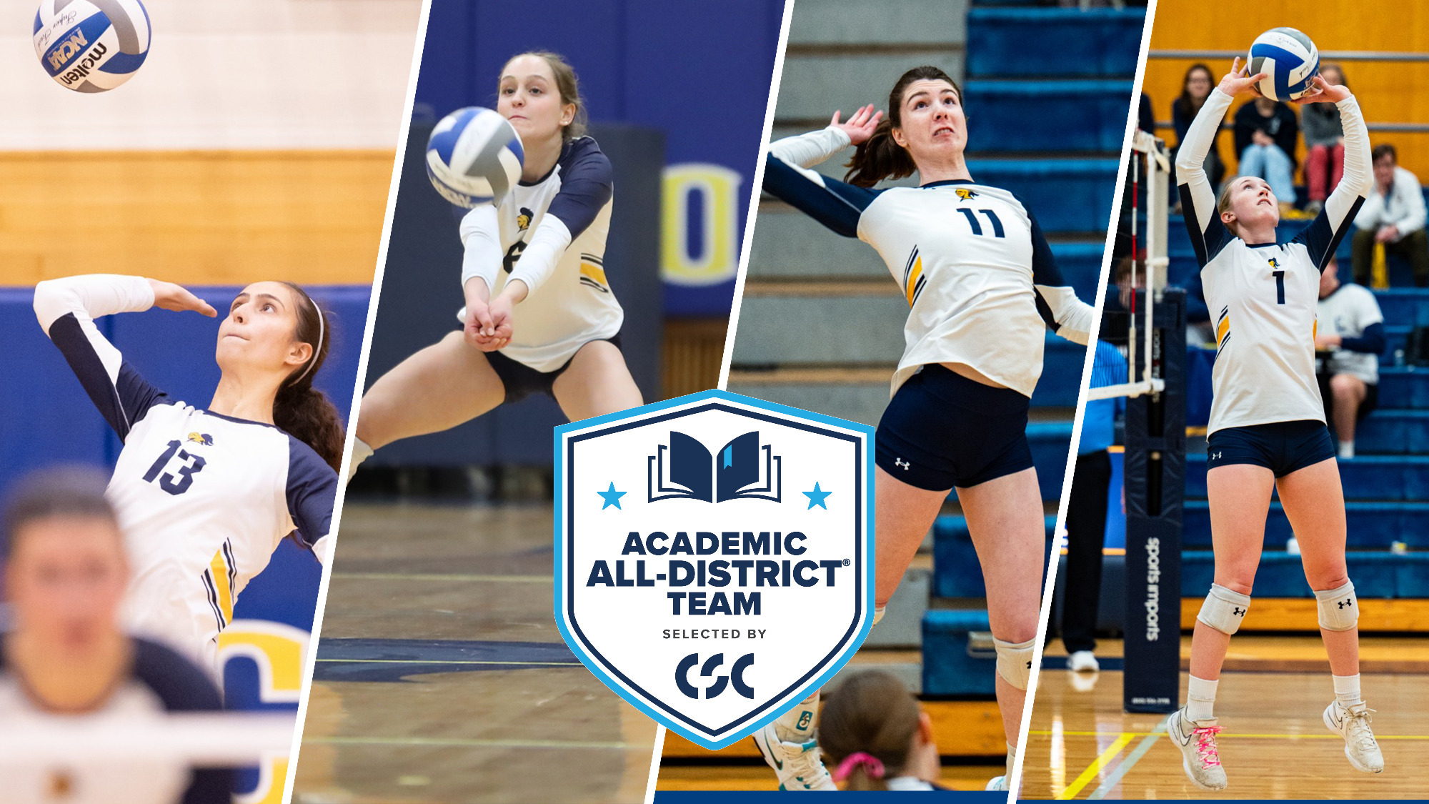 Game action photos of Jennifer Bricker, Ella Curtis-Revelle, Sylvia Dixon, and Megan Smith overlaid with Academic All-District logo