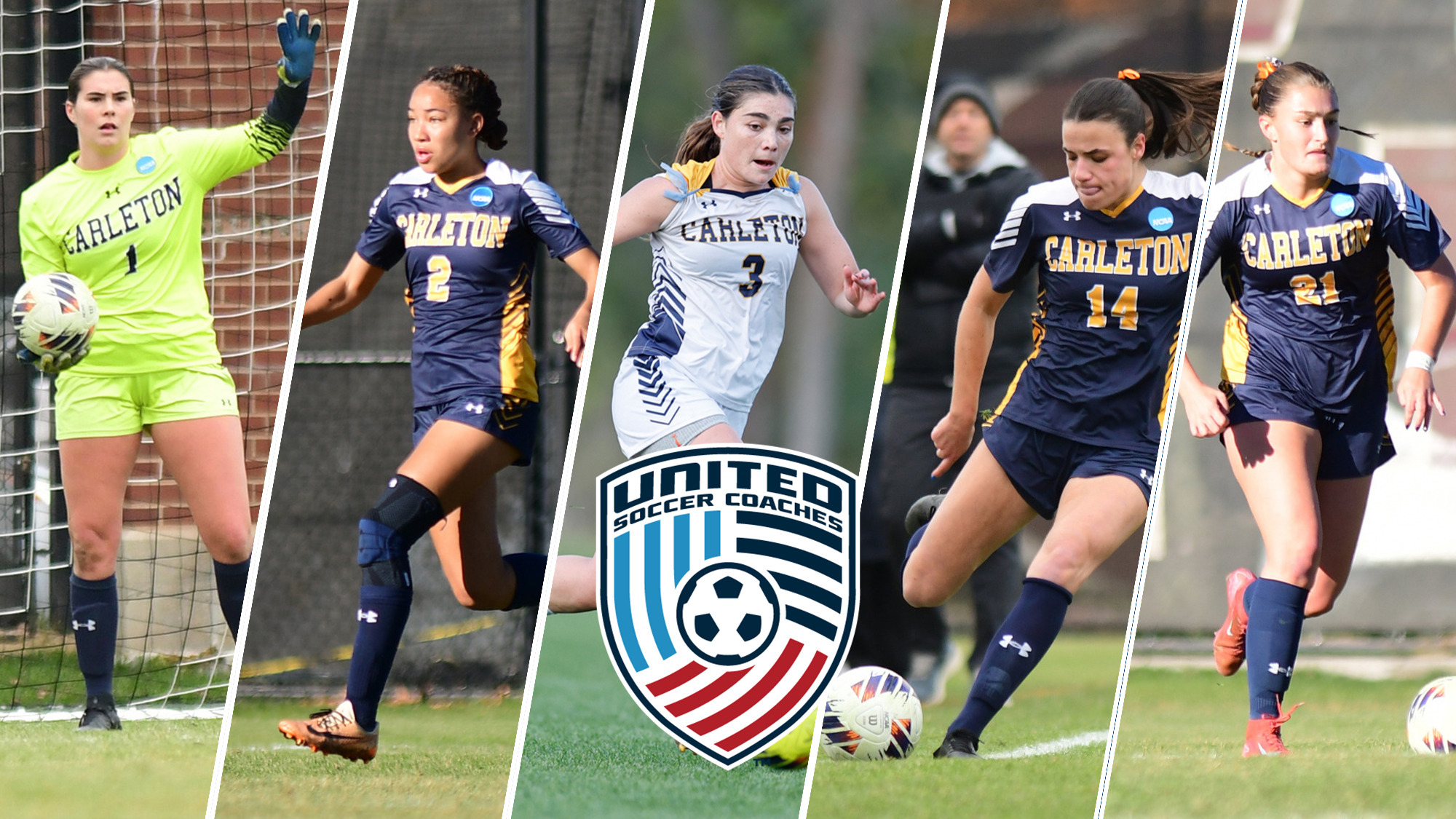 Game action photos of Avery Trapp, Zaraya Jordan, Sam Gotch, Kathryn Kresse, and Ashlyn Haigh overlaid with United Soccer Coaches logo