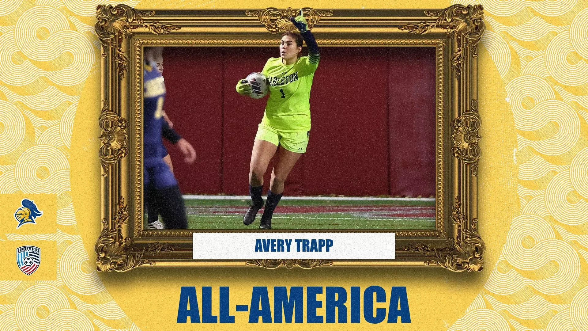 framed photo of Avery Trapp holding the ball; text reads, 