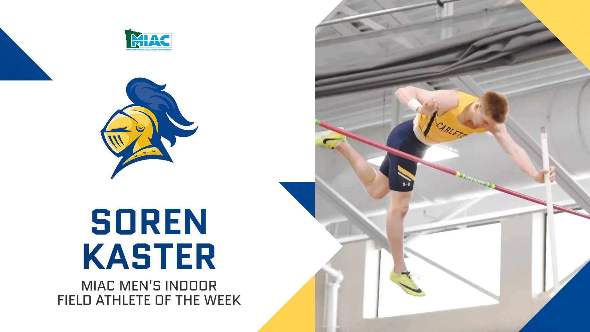 Soren Kaster clears the bar in the pole vault; text reads, 