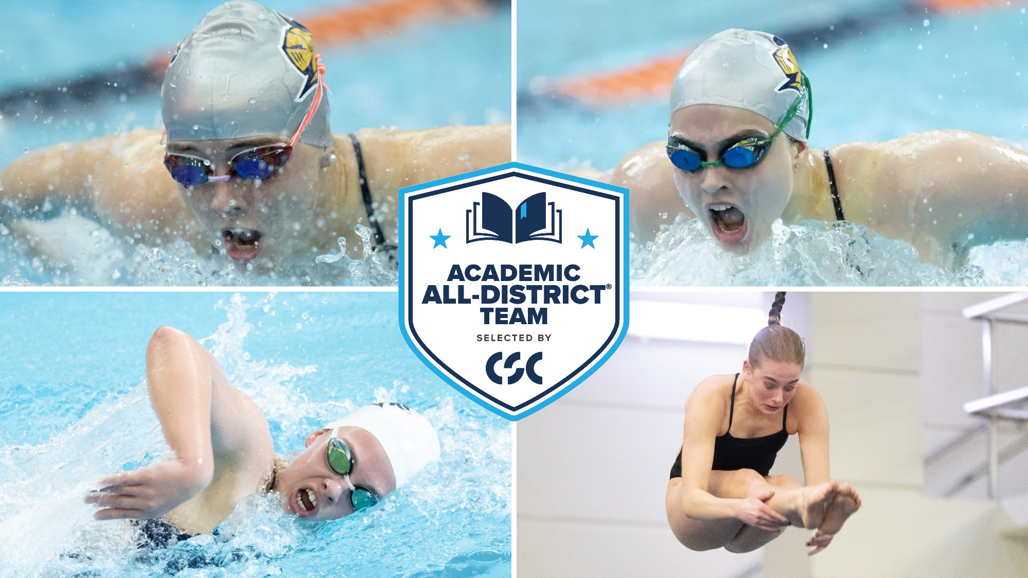 Caroline Crampton, Isabelle Riley, Hailey Westrup, and Stephanie Baranov competing; images overlaid with Academic All-District logo
