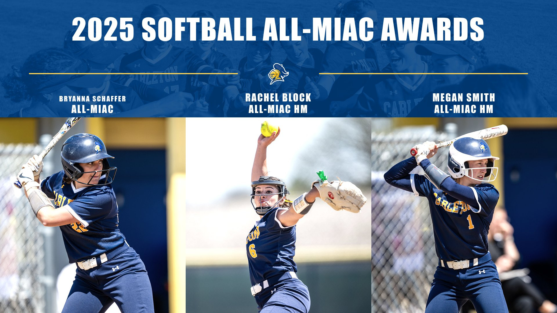 action photos of Bryanna Schaffer, Rachel Block, and Megan Smith; text reads, 