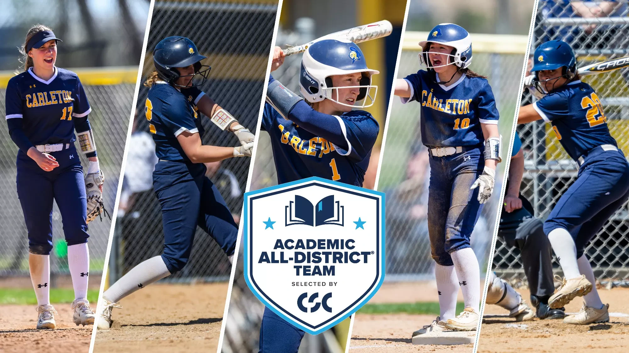 action photos of (L to R) Grace Colburn, Bryanna Schaffer, Megan Smith, Esme Song, and Adriana Wiggins overlaid with Academic All-District logo