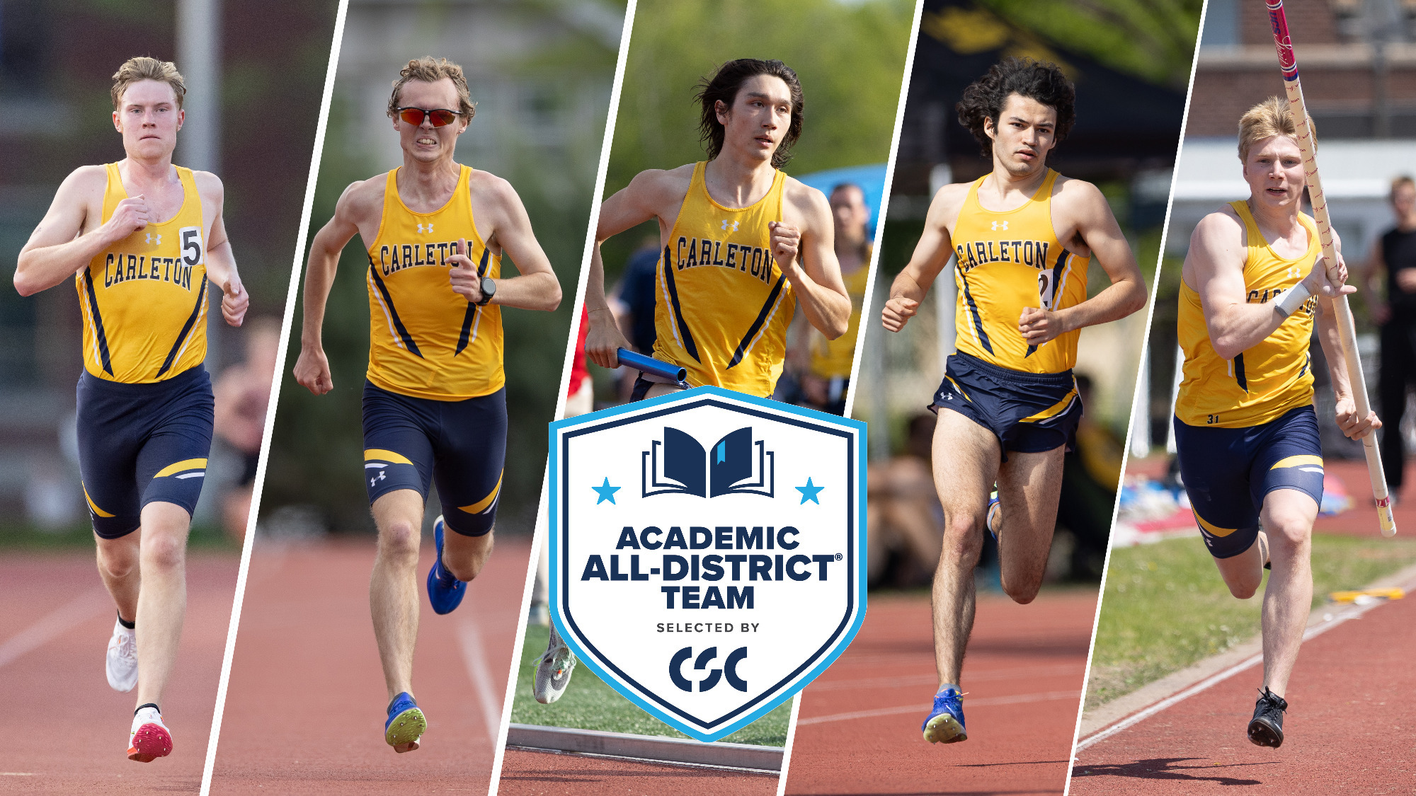 Action photos of Roy Llewellyn, Gabe Nichols, Josh Meier, Indy Lyness, and Soren Kaster overlaid with Academic All-District logo