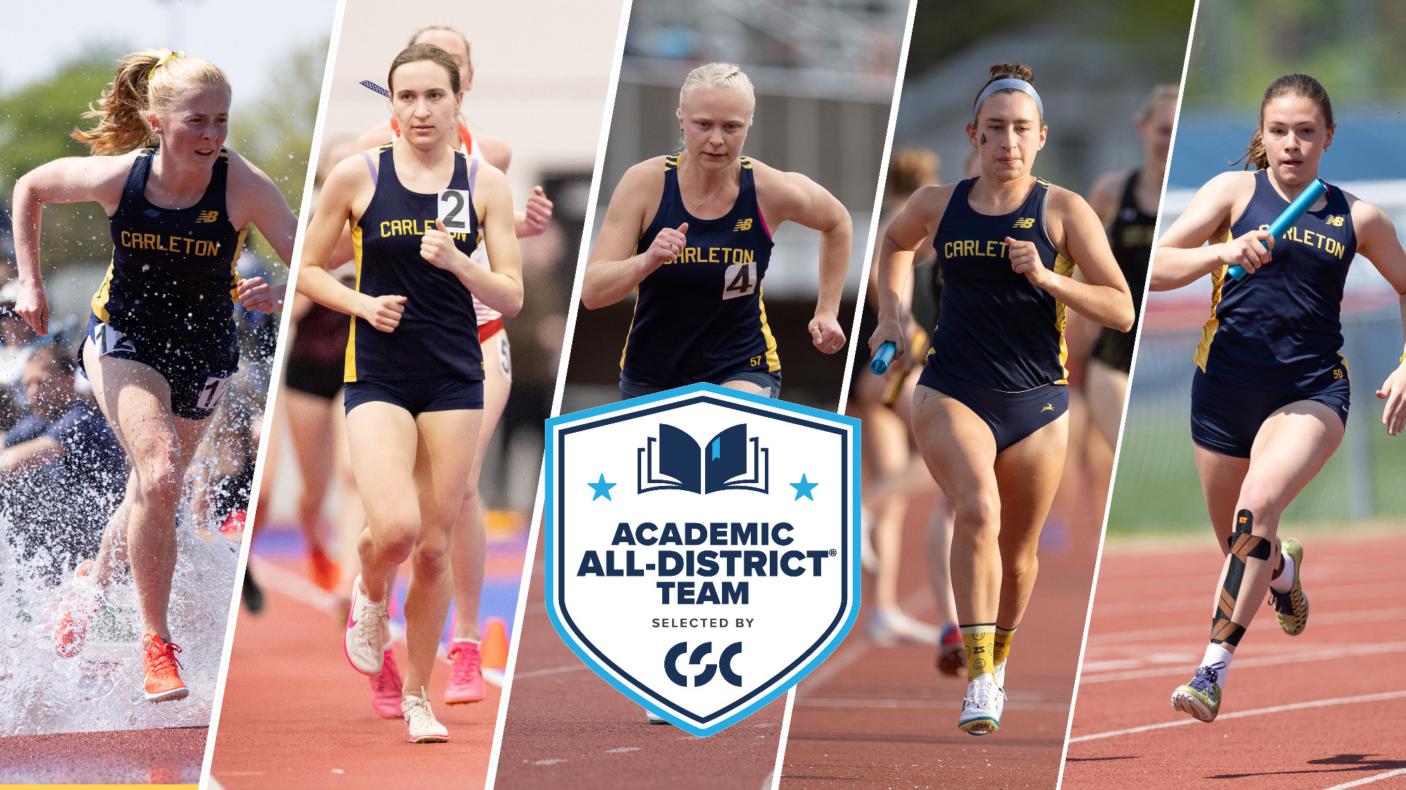 Action photos of Sophie McManus, Hannah Preisser, Lara Erickson, Libby Rowland, and Stephanie Baranov overlaid with Academic All-District logo