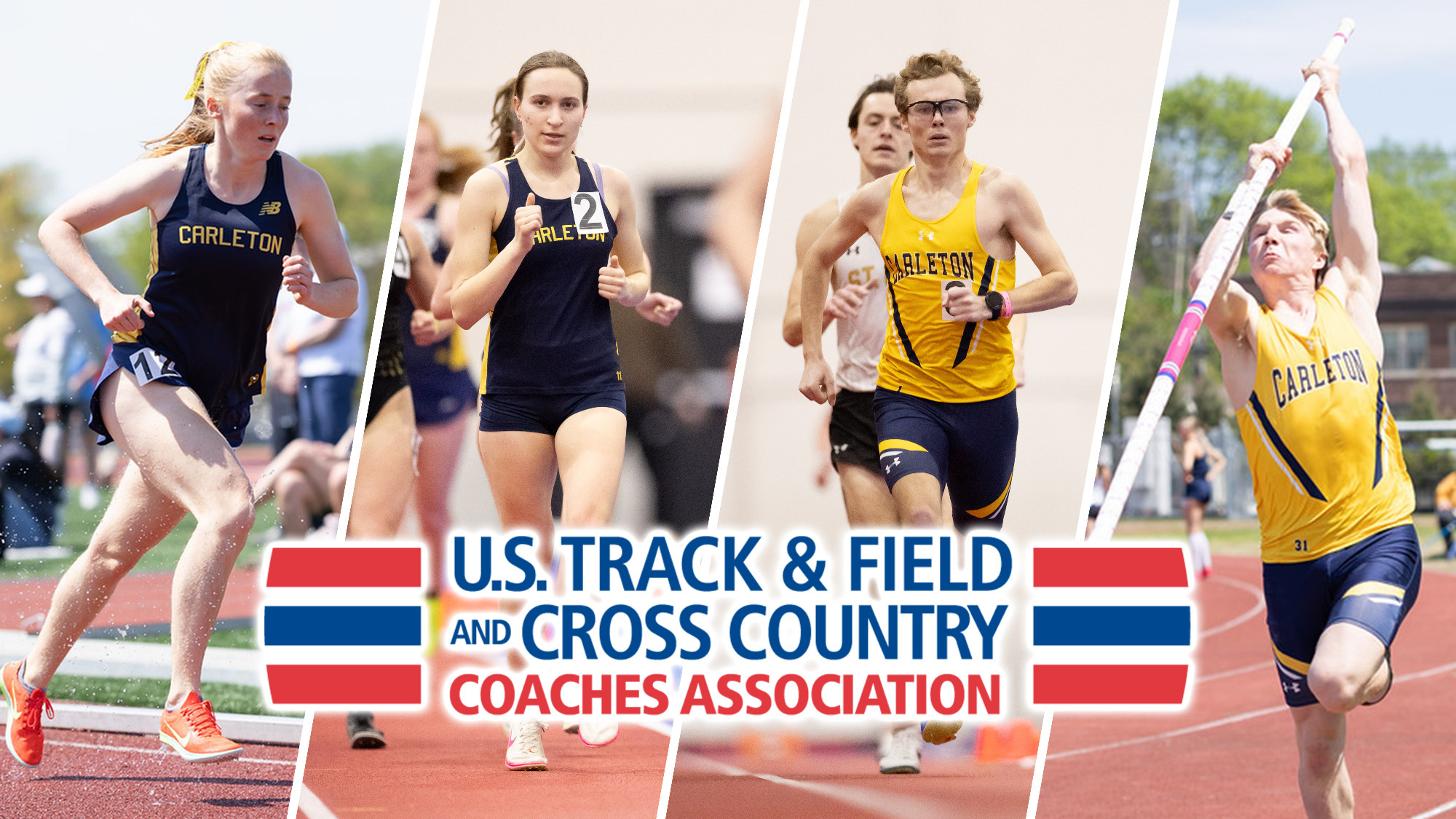 USTFCCCA logo overlaid on images of Sophie McManus, Hannah Preisser, Gabe Nichols, and Soren Kaster competing. 