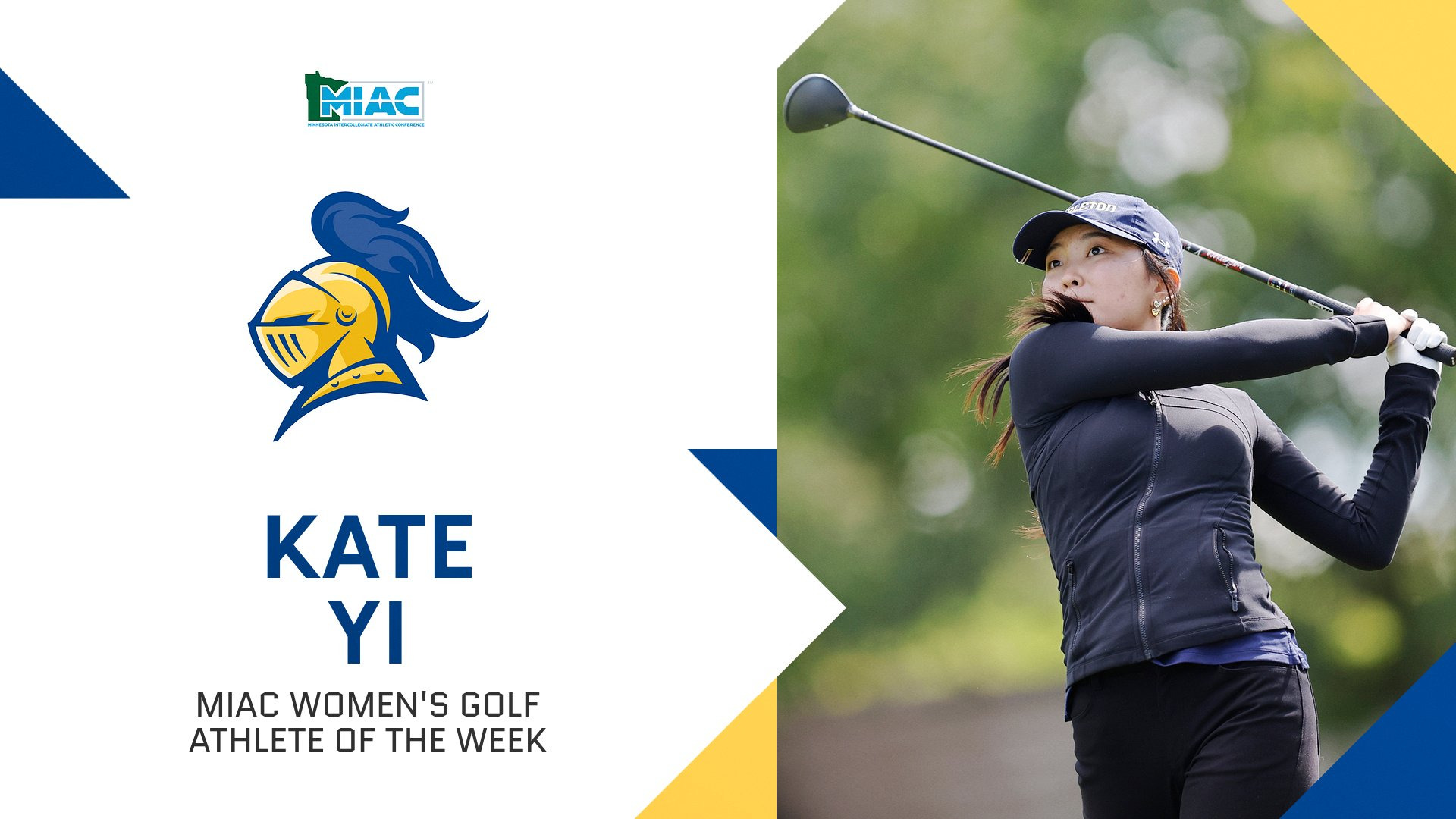 Kate Yi following through after a shot; text reads, 