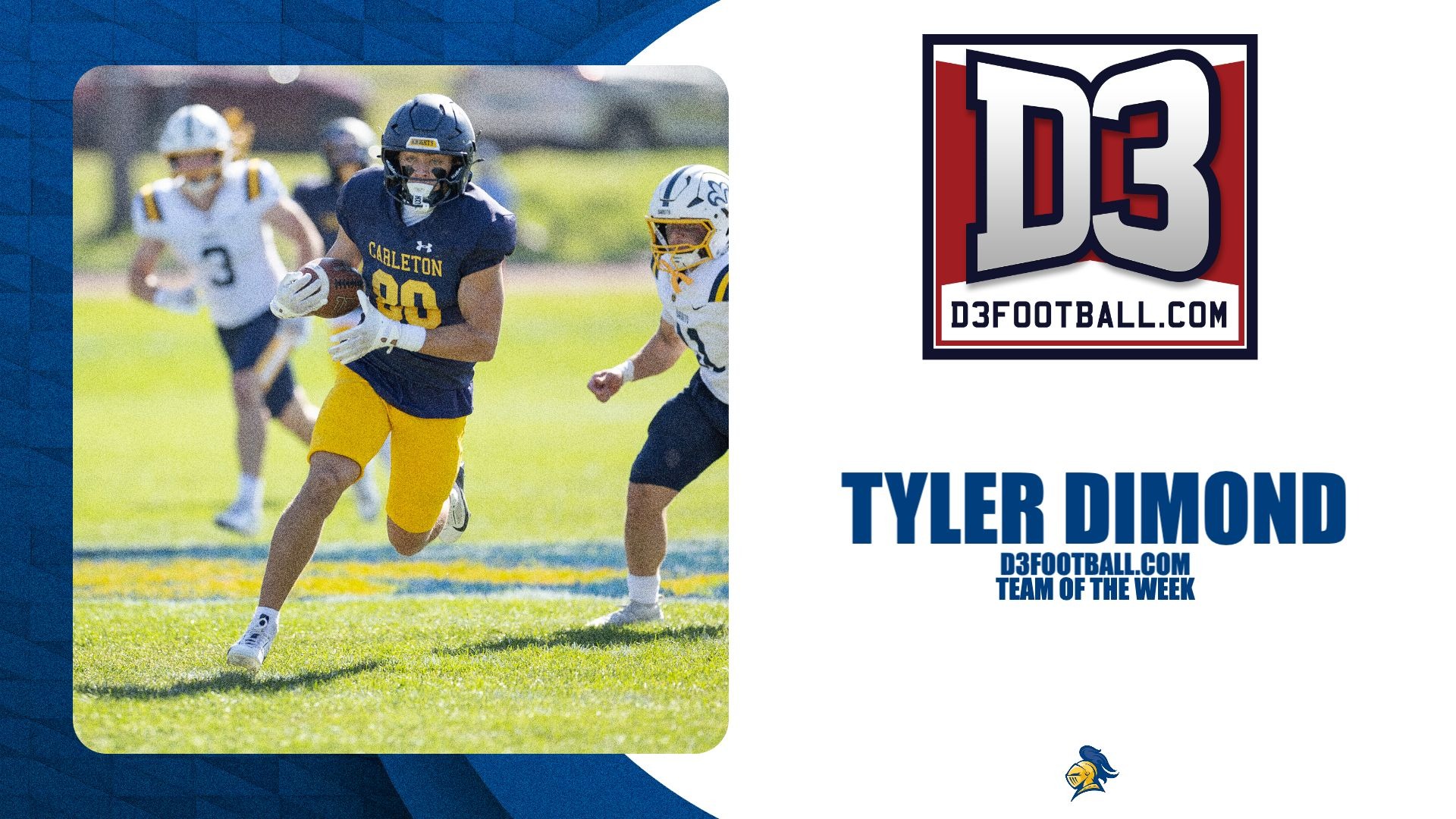 Tyler Dimond runs with the football; text reads, 