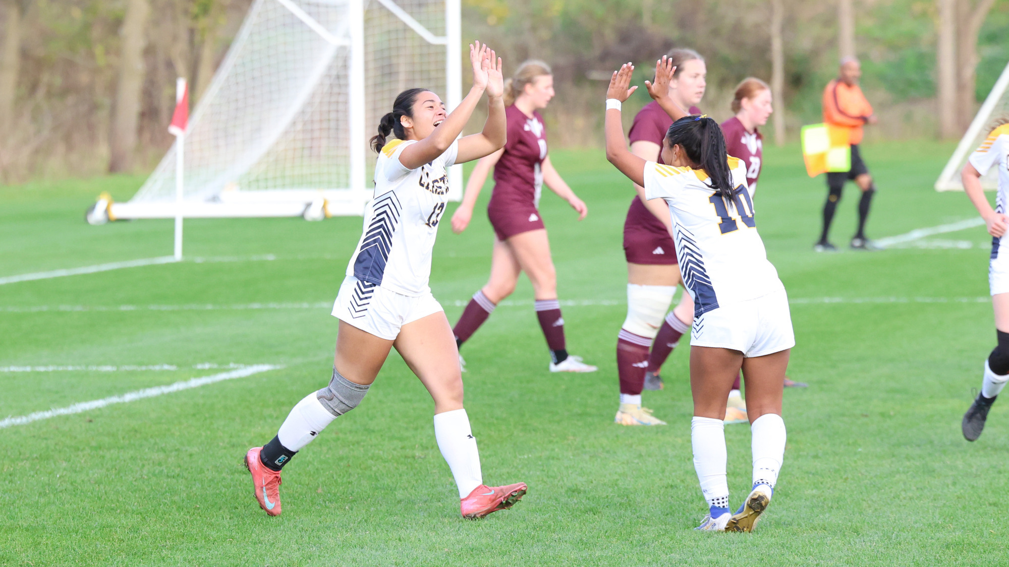 Carson Cheng and Disha Roy celebrate the former's goal
