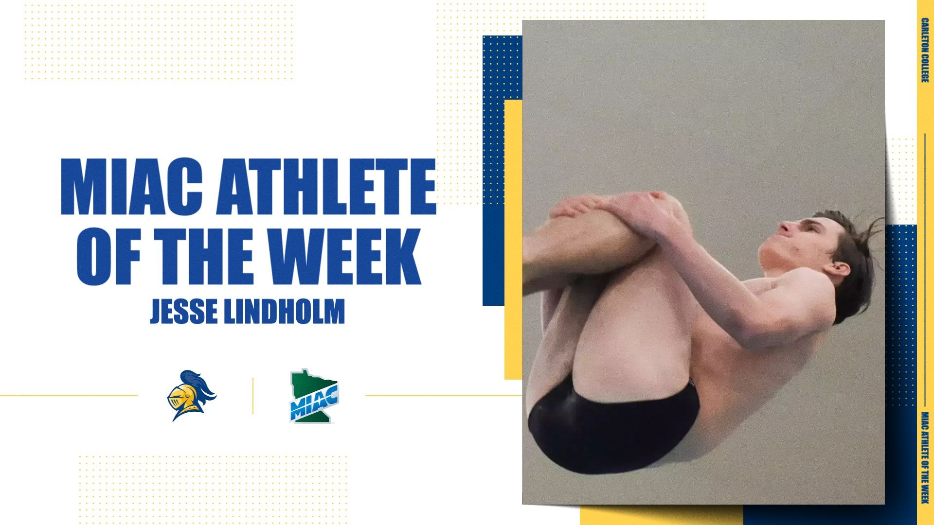 Jesse Lindholm dives on a graphic recognizing him as MIAC Athlete of the Week