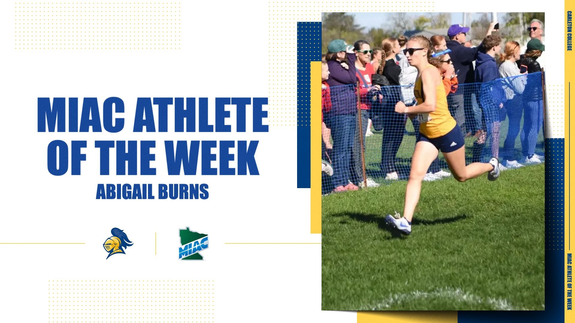 Abigail Burns runs on a graphic recognizing her as MIAC Athlete of the Week